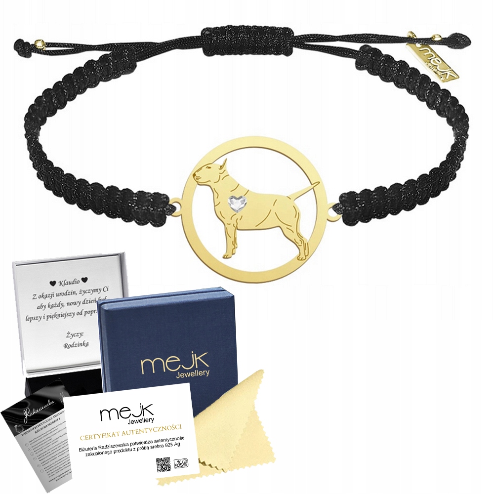 Zlatý náramek se psem plemene Bulteriér Standard 925 Dárek Makramé Gravírování