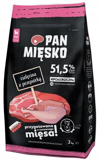 Pan Mięsko Krmivo pro štěňata telecí maso a křepelka, křupky Xs 3k