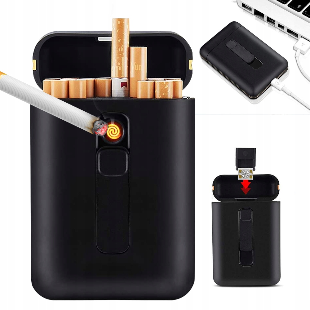 MINI PUDEŁKO NA PAPIEROSY Z ZAPALNICZKĄ 20 SZTUK PAPIEROŚNICA ETUI 2W1 USB