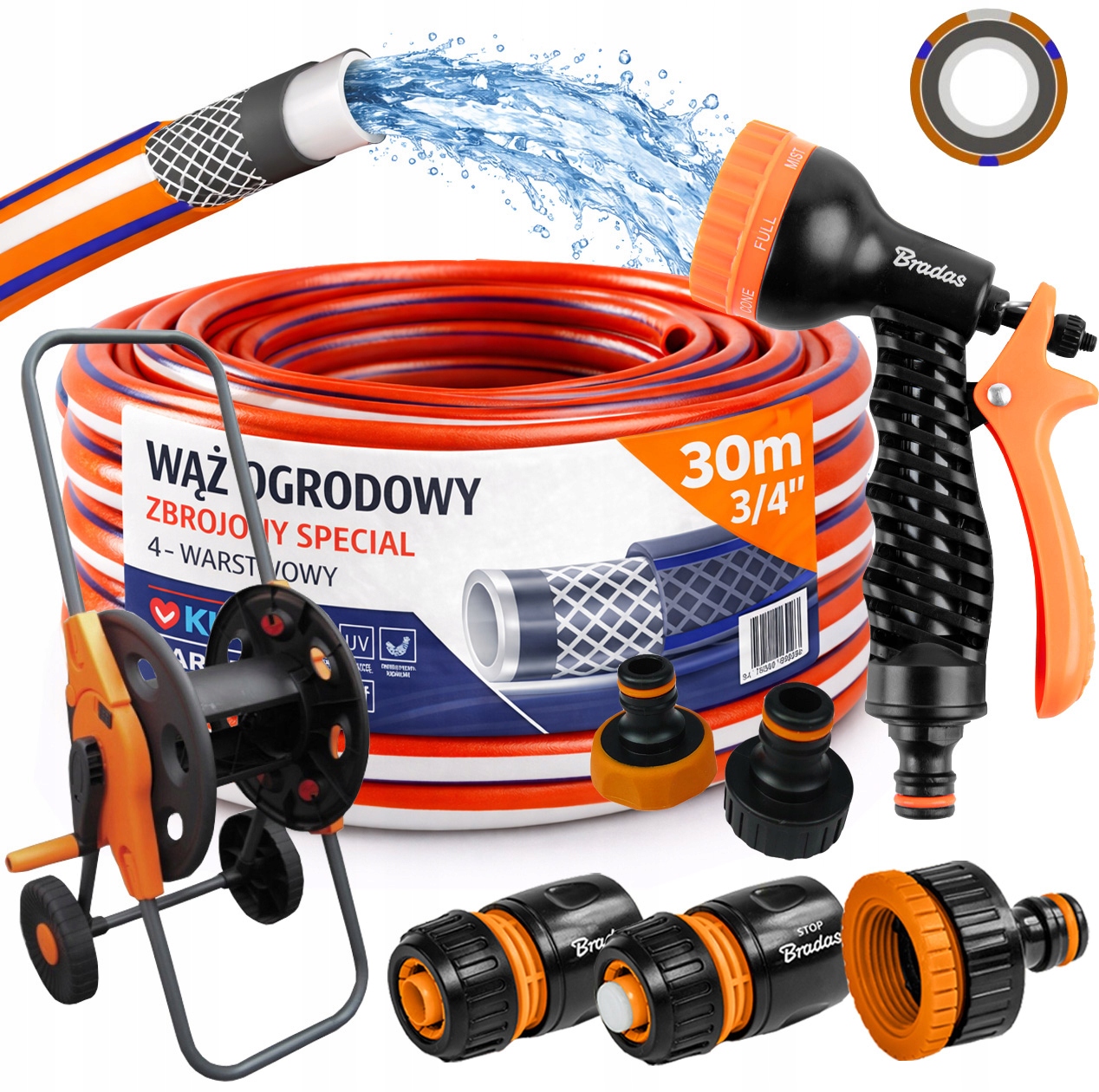 Hadice 3/4" 30 m 4 Vrstvy Special Pistolet Vozík Sada Bradas