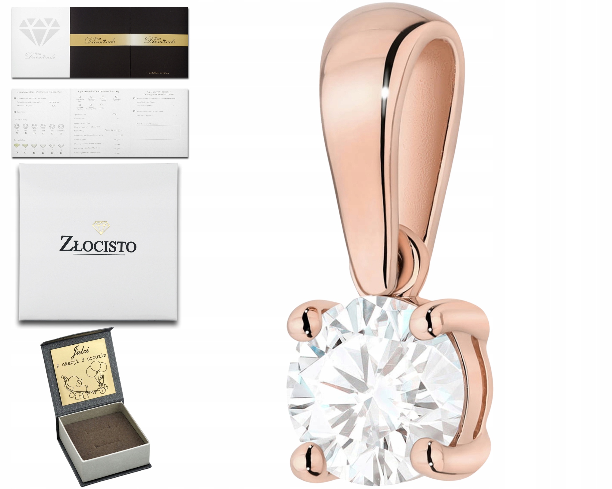 Růžový Zlatý Přívěsek S Diamantem Gravírování Dárek Přívěsek