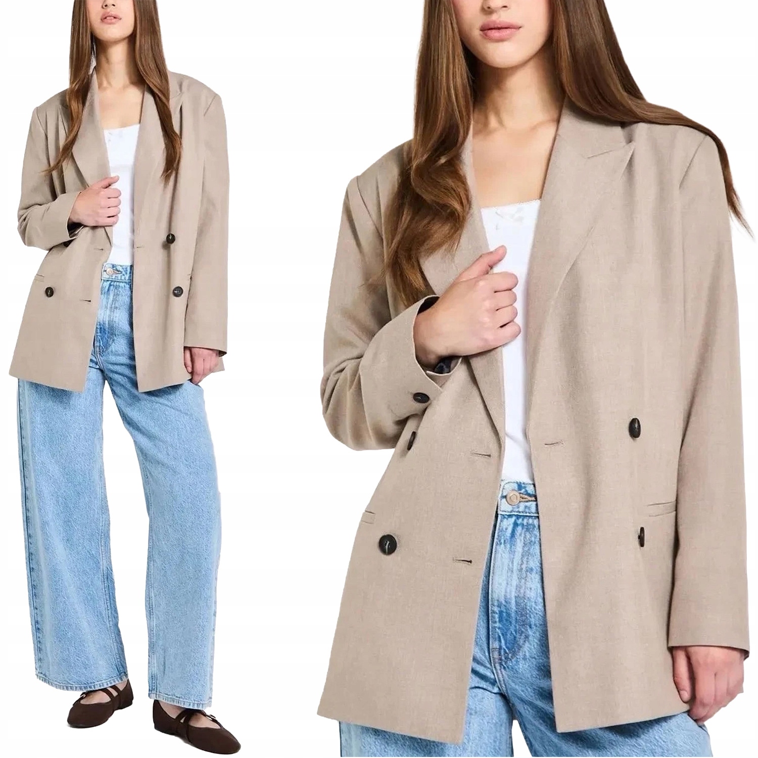 Dunnes Marynarka Damska Oversize Beżowa Modna Dwurzędowa Żakiet Guziki 40