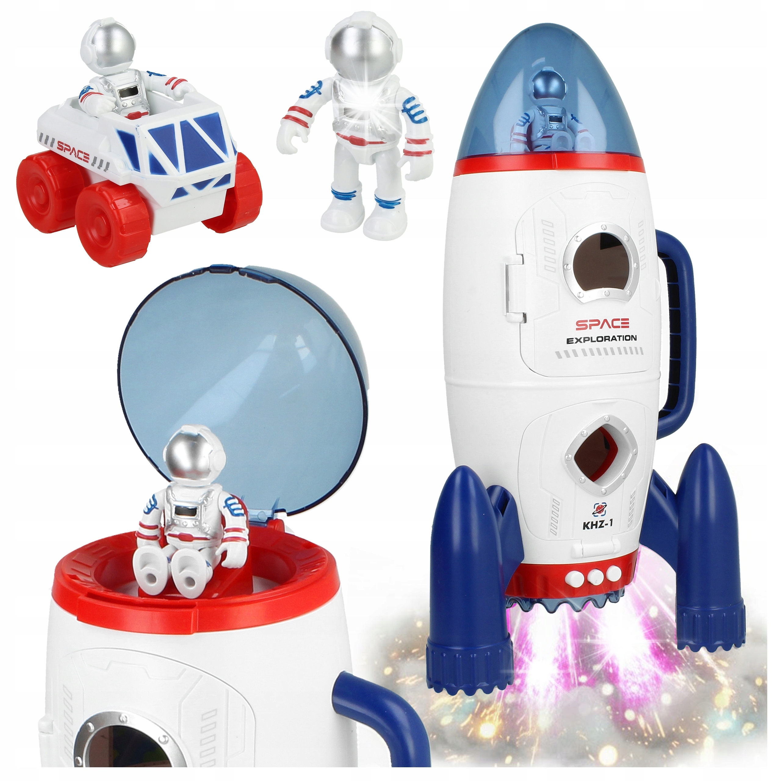 RAKIETA KOSMICZNA 29CM OTWIERANA 2X ASTRONAUTA FIGURKA ŁAZIK DŹWIĘK LED 3+