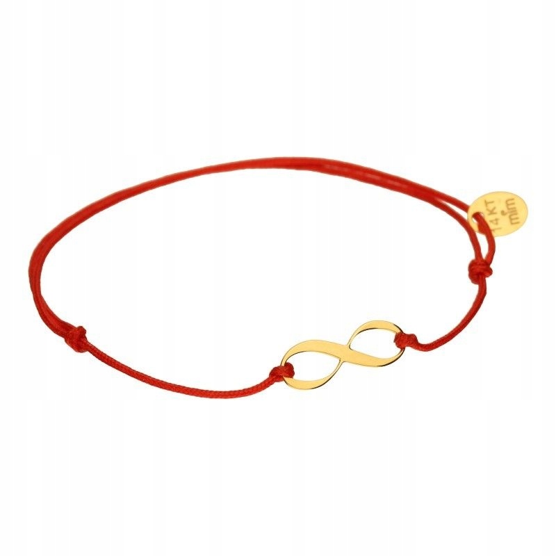 Zlatý náramek 585 s provázkovou celebritou, červený s nekonečnem 14KT