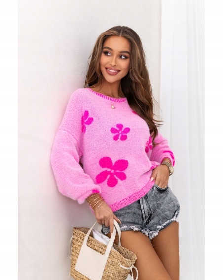 Měkký dámský svetr s květinami Nová Kolekce Jaro 2026 Oversize Růžová