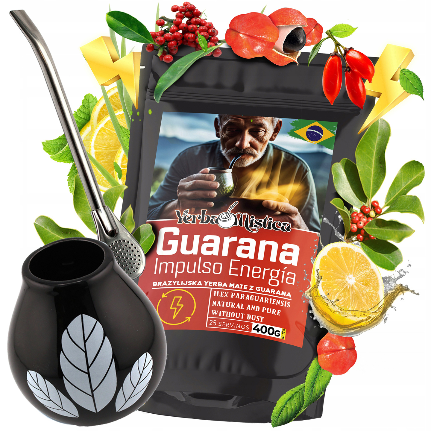Yerba Mate z Guarana Povzbuzující sada s Černým hrnkem Matero a Bombillou