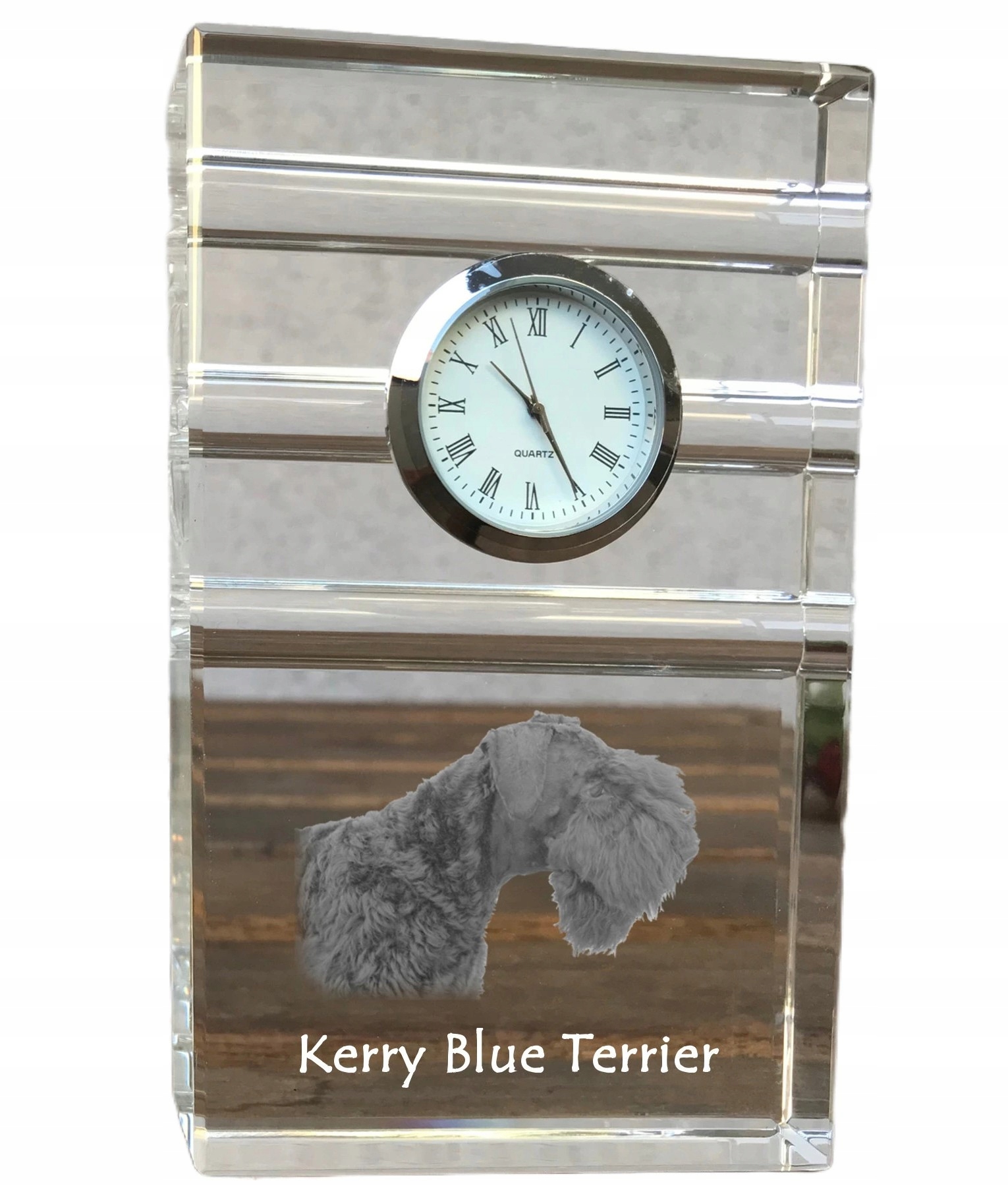 Kerry Blue Terrier krištáľové stolové hodinky so psom, s vašou fotografiou