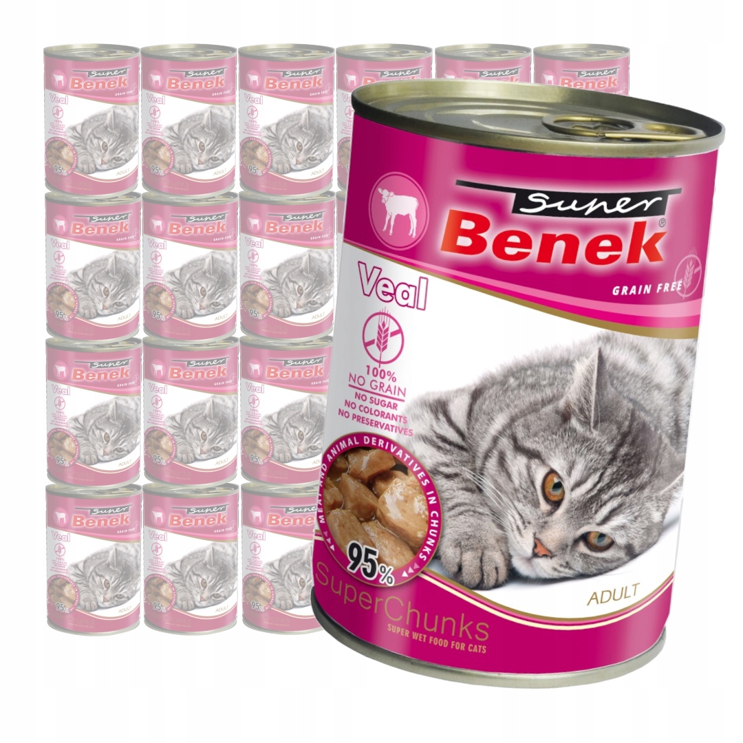 Levně Benek Chunks Bezobilné Vlhké Krmivo pro kočky s telecím masem v omáčce 24 x 415 g