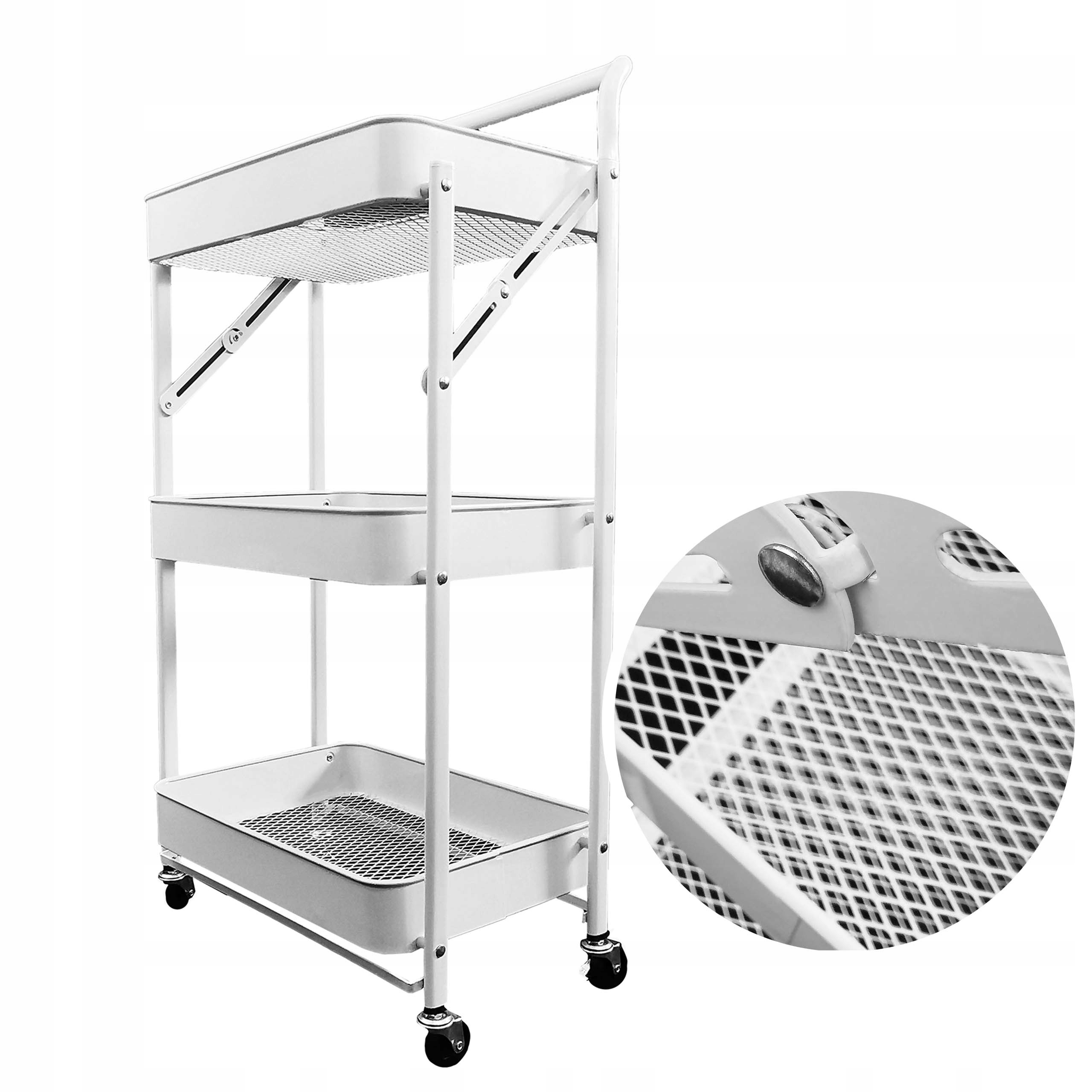 MOBILNY REGAŁ SKŁADANY RĄCZKA 3 PÓŁKI KUCHENNY ŁAZIENKOWY KÓŁKA WÓZEK BIAŁY Montaż meble do samodzielnego montażu