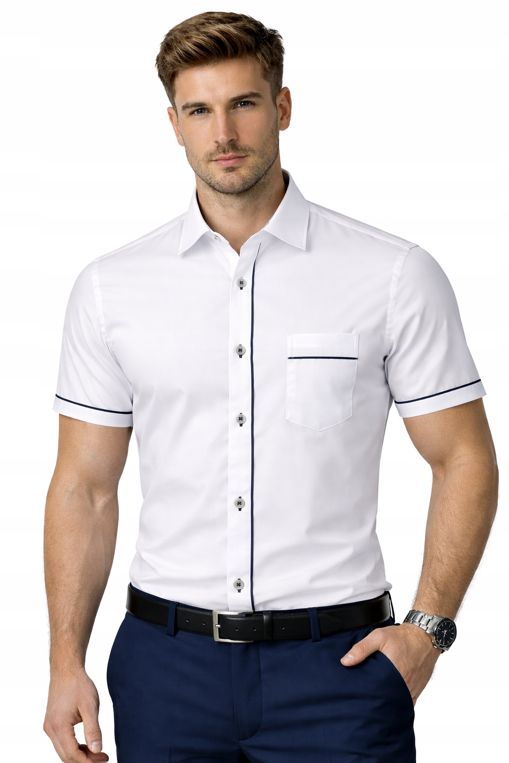 Pánská košile Modely Bílá s modrou vložkou Slim L 40/41 Krátký rukáv