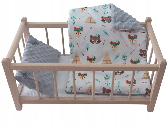 DREWNIANE ŁÓŻECZKO DLA LALEK + POŚCIEL DWUSTRONNA PUSZYSTA