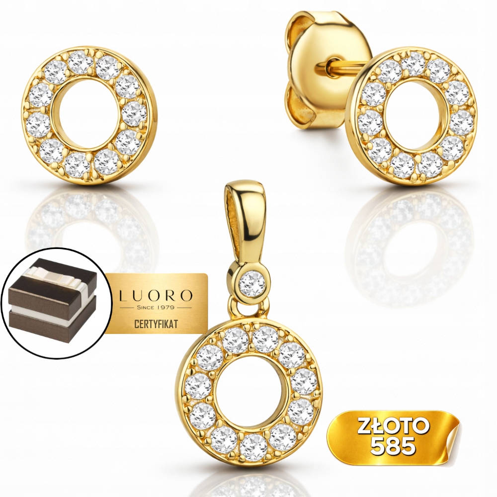 Komplet Zlatý 585 14K Kroužky S Kameny Náušnice Přívěsek 15 MM