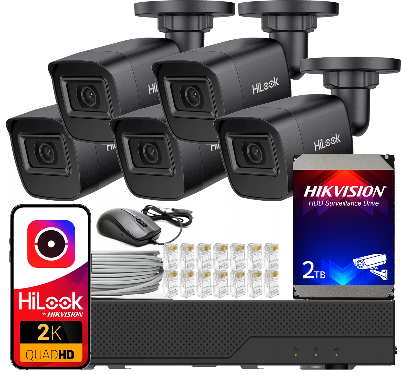 Sada Pro Monitorování 4MPx 5 Kamer IPC-B141H-C Black Poe Hilook Hikvision