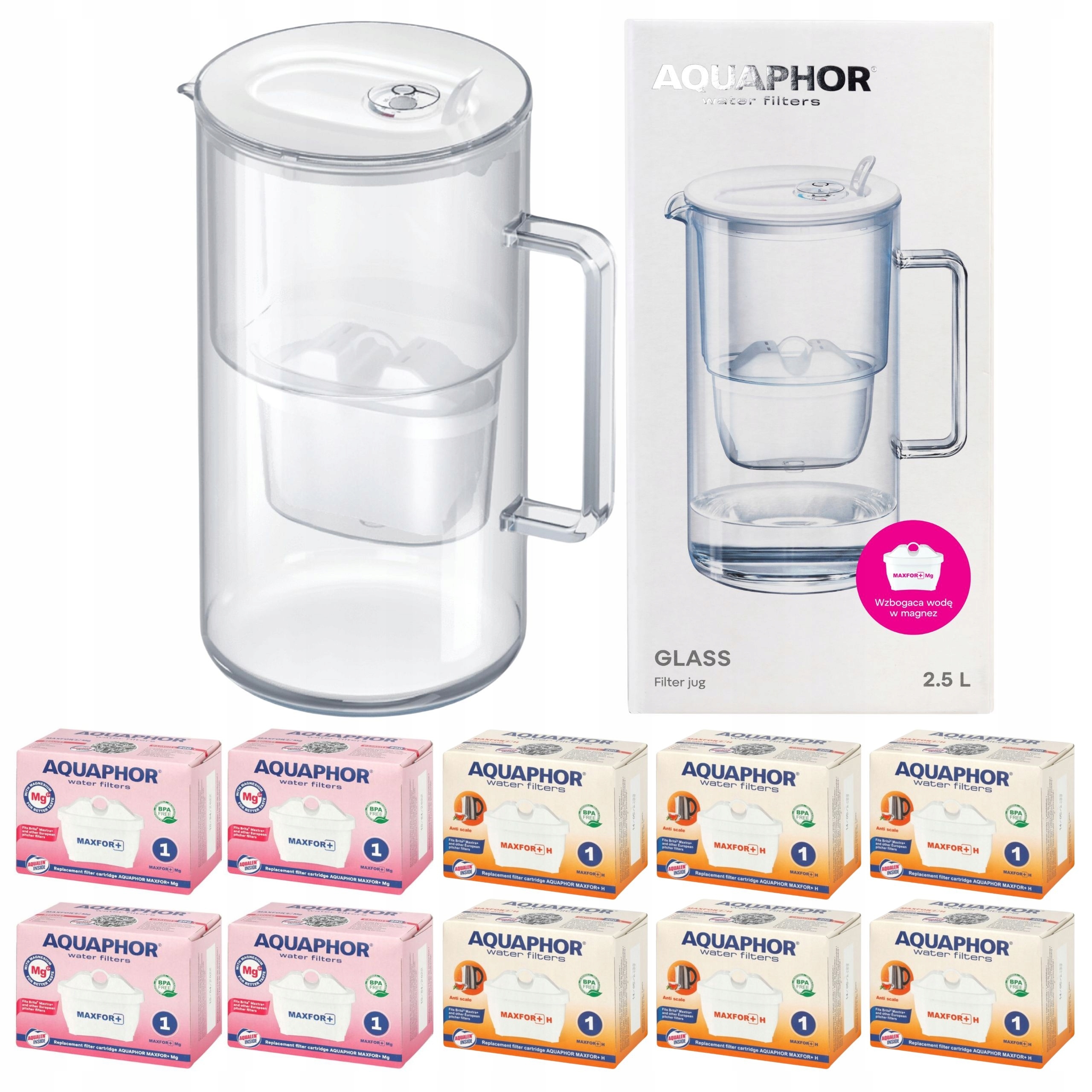 Filtrační konvice skleněná Aquaphor Glass bílá 10 filtrů Maxfor (4Mg+6H)