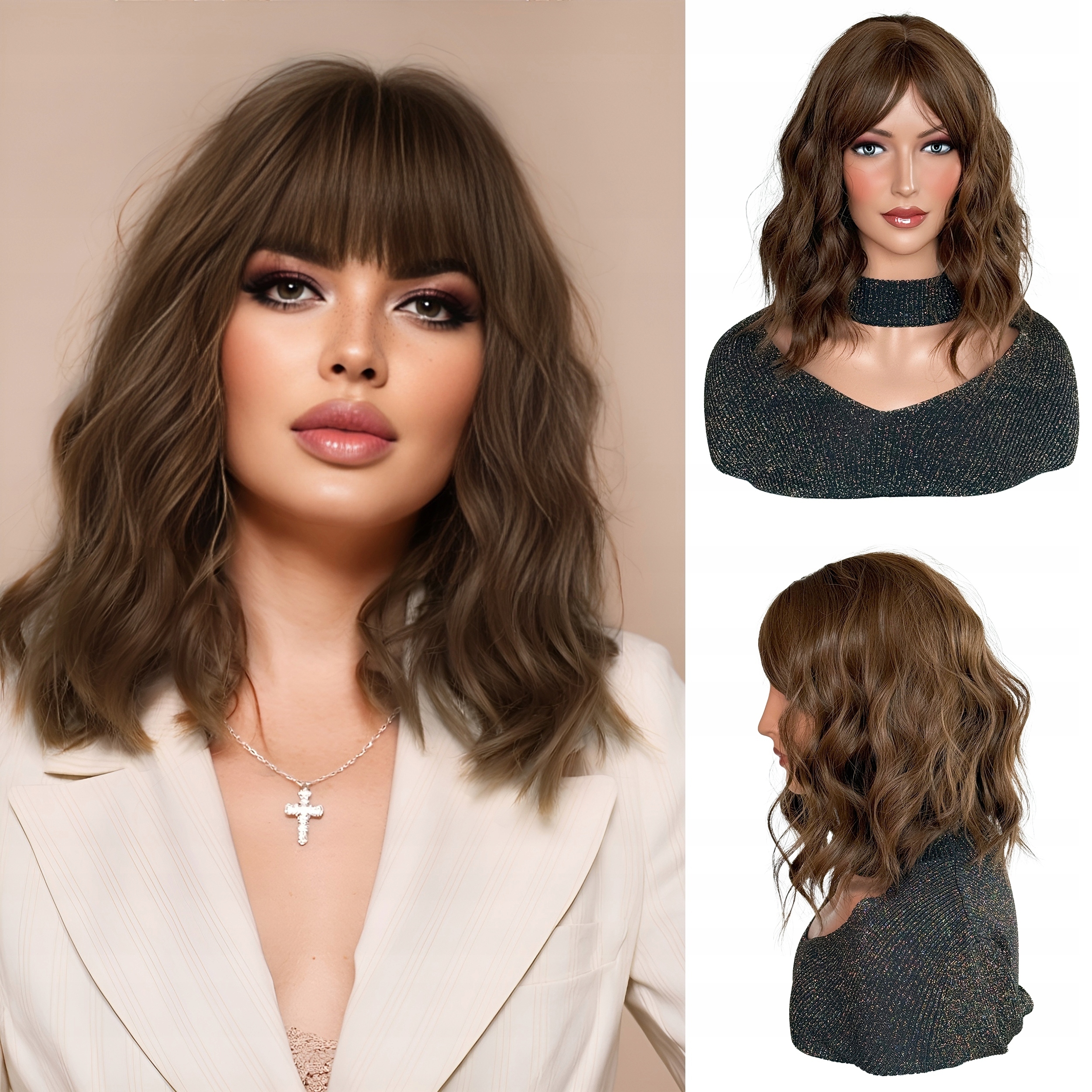 Paruka ze syntetických vlasů Hnědá kudrnatá Loki s hřívou Krátká 35 cm