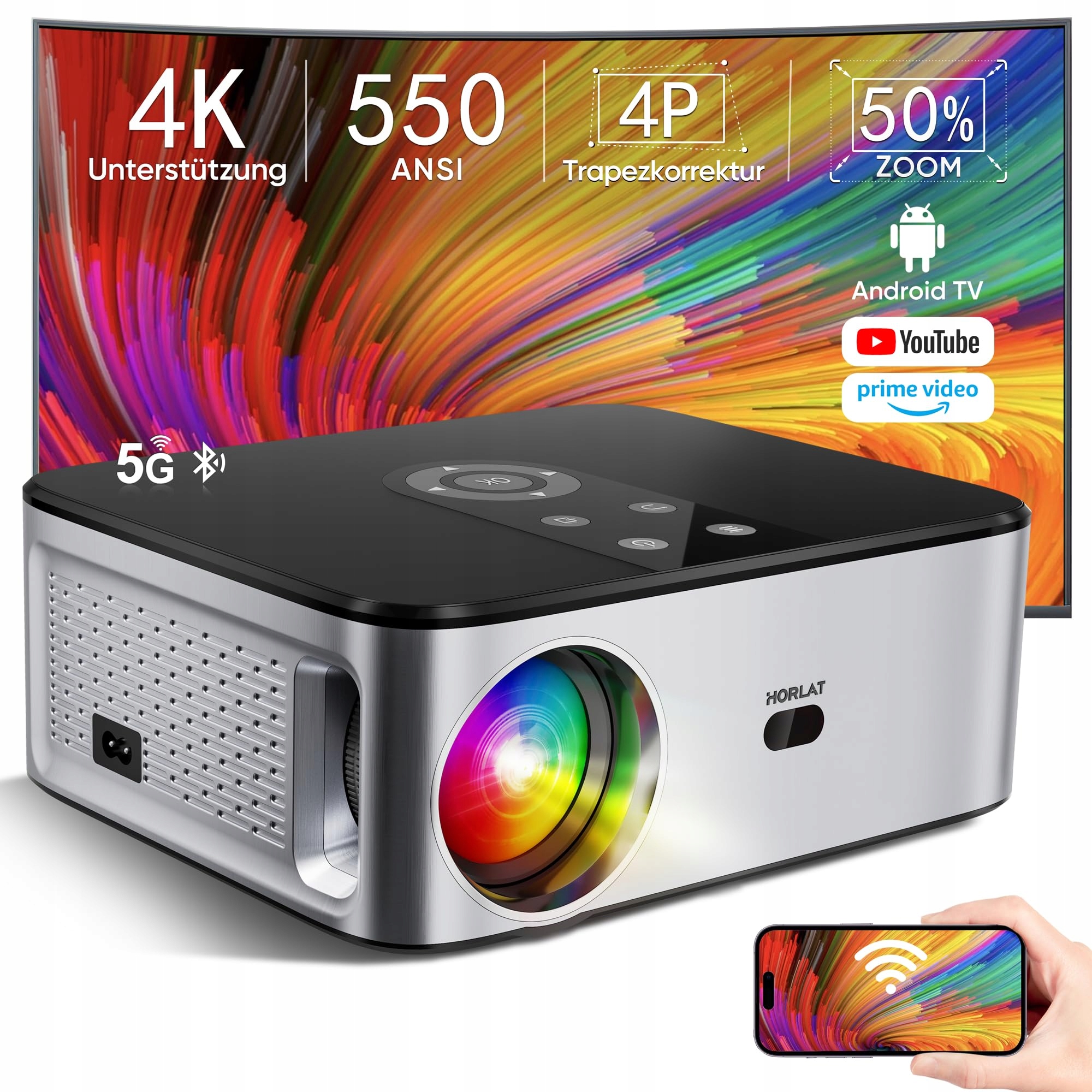 Projektor Horlat Android Tv 4K 16000 lm BT5.2 korekcja 4D/4P kino domowe 3D