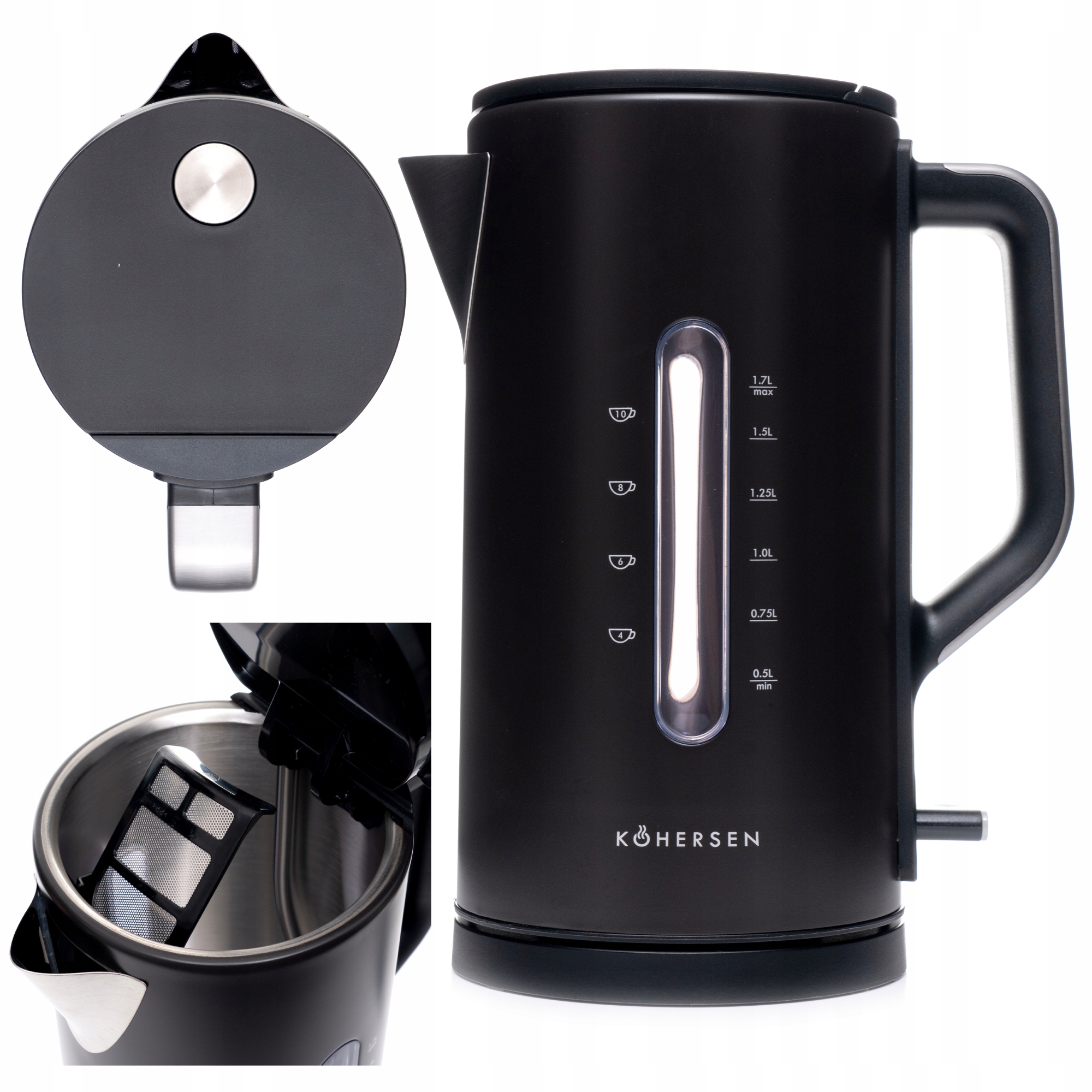 Czajnik elektryczny czarny metalowy stalowy bezprzewodowy Kohersen 3000W