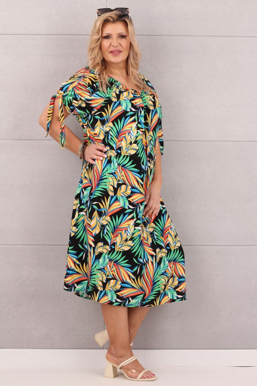 LUŹNA DŁUGA SUKIENKA LETNIA DUŻE ROZMIARY OVERSIZE PLAŻOWA WZORZYSTA LIŚCIE Marka FEMIMODA