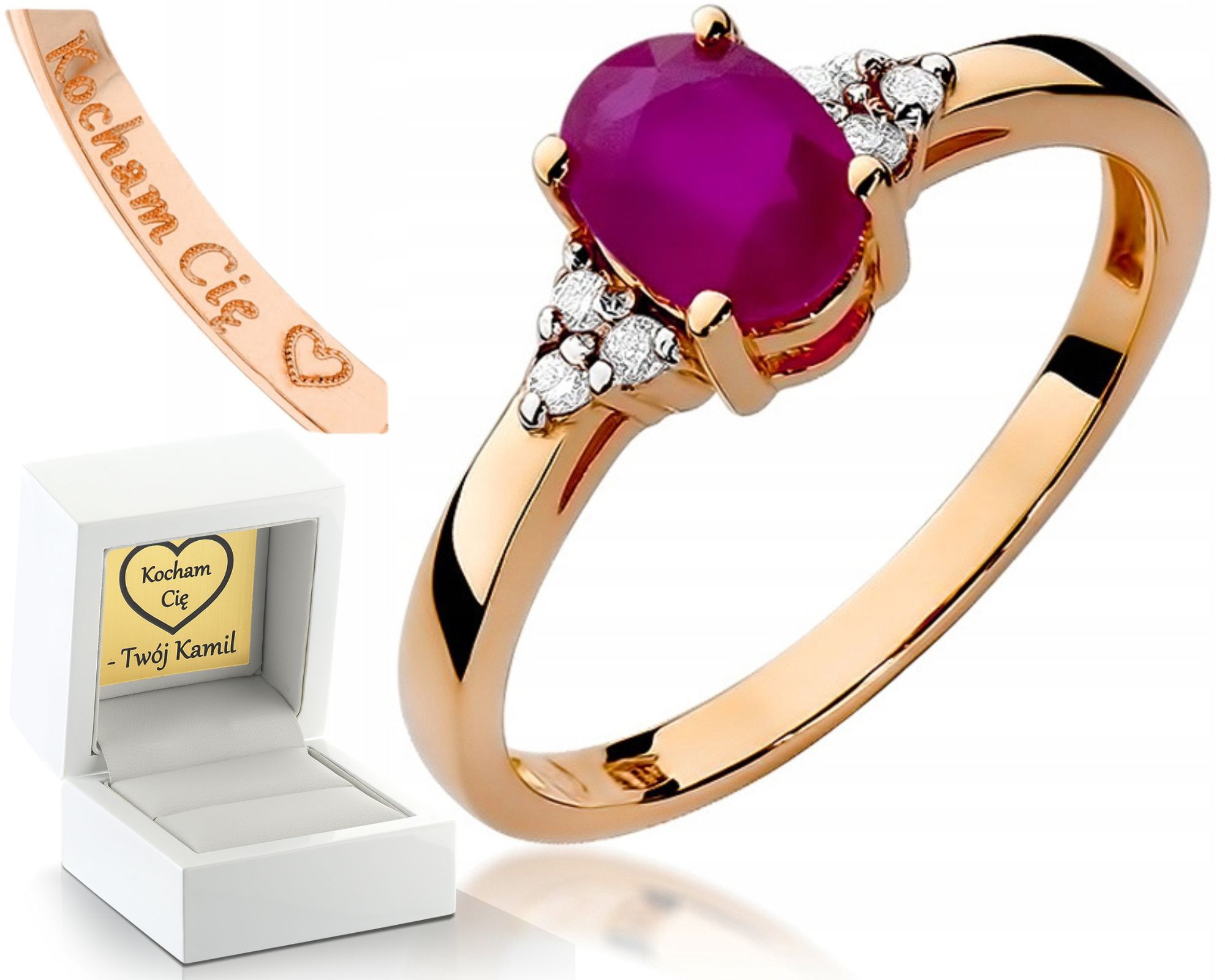 Růžové Zlato Prstýnek S Rubínem A Diamanty