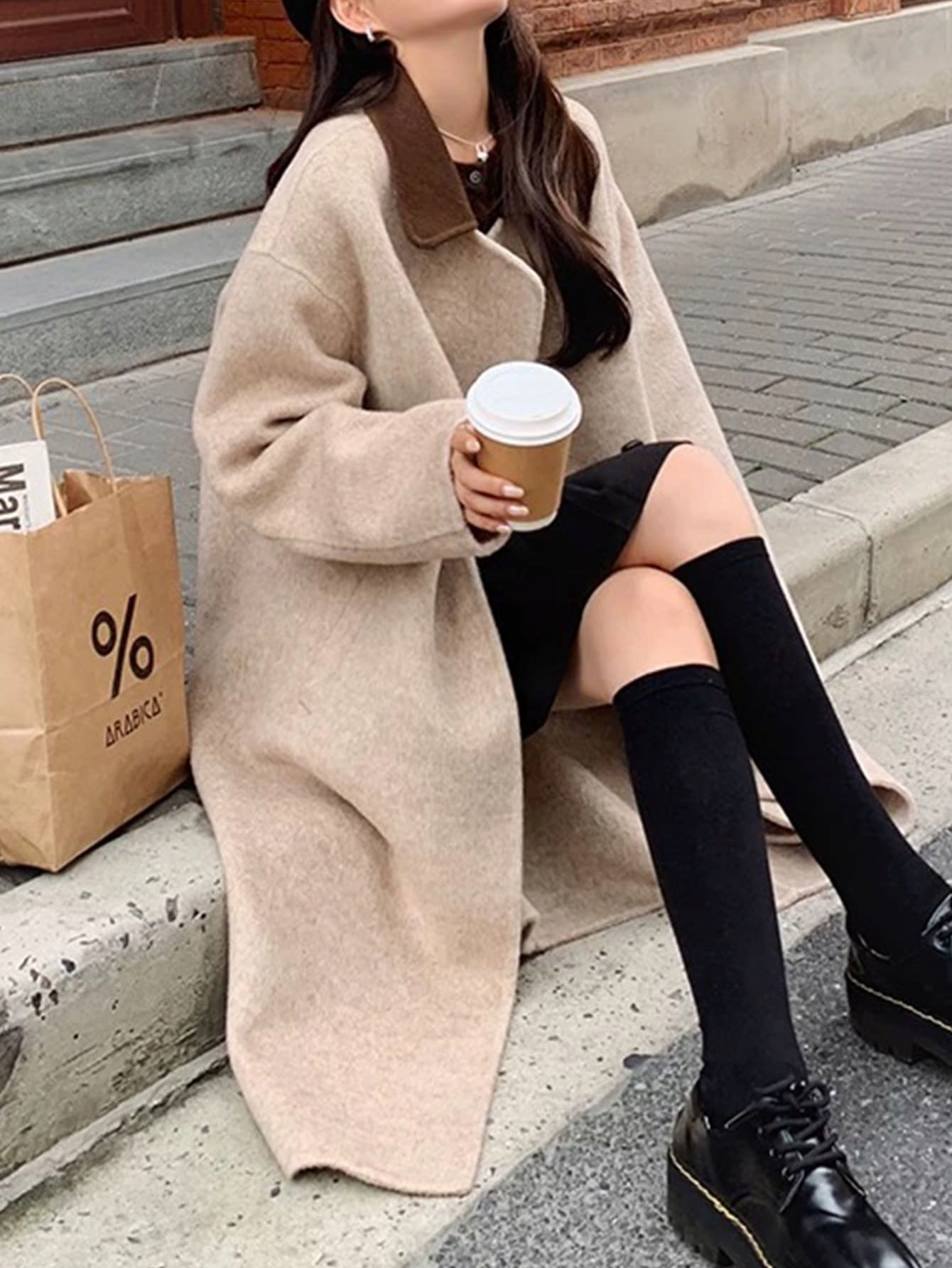 Dámský Vlněný Zimní Kabát Teplý Béžový Casual Shein Xs 34