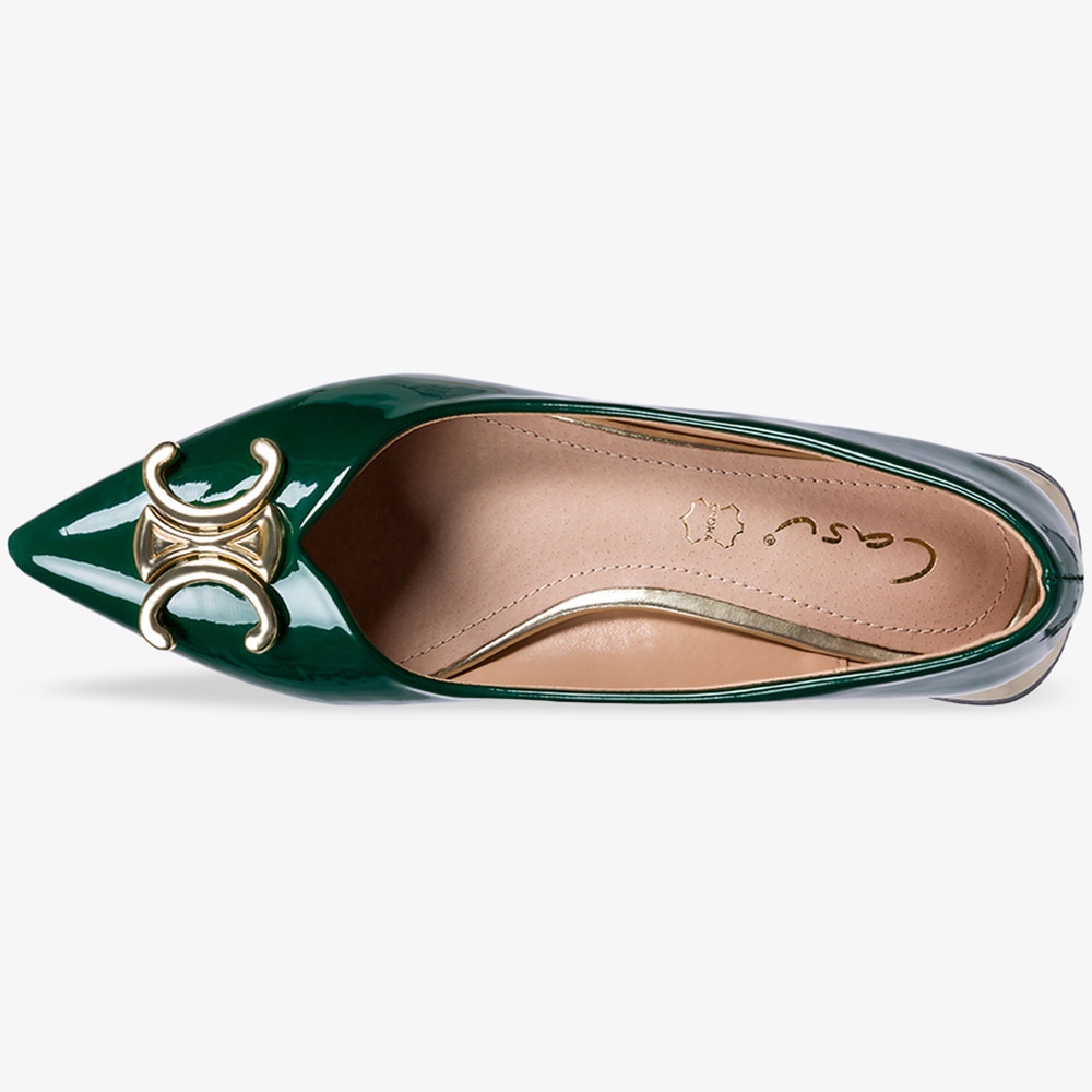 BALERINY LAKIEROWANE DAMSKIE Z OZDOBĄ NA NISKIM OBCASIE WKŁADKA SKÓRA r 39 Długość wkładki 25.5 cm