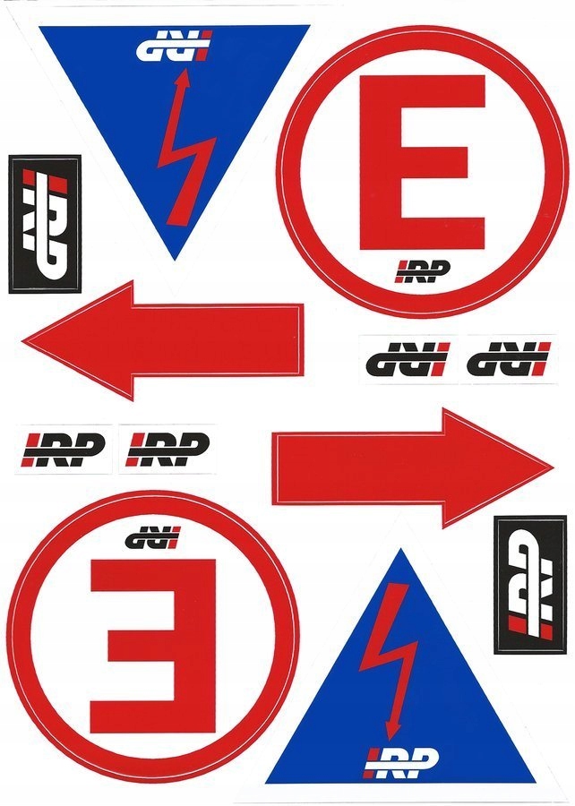 Komplet, zestaw naklejek rajdowych Irp wył. prądu, sys. gaśniczy, hak