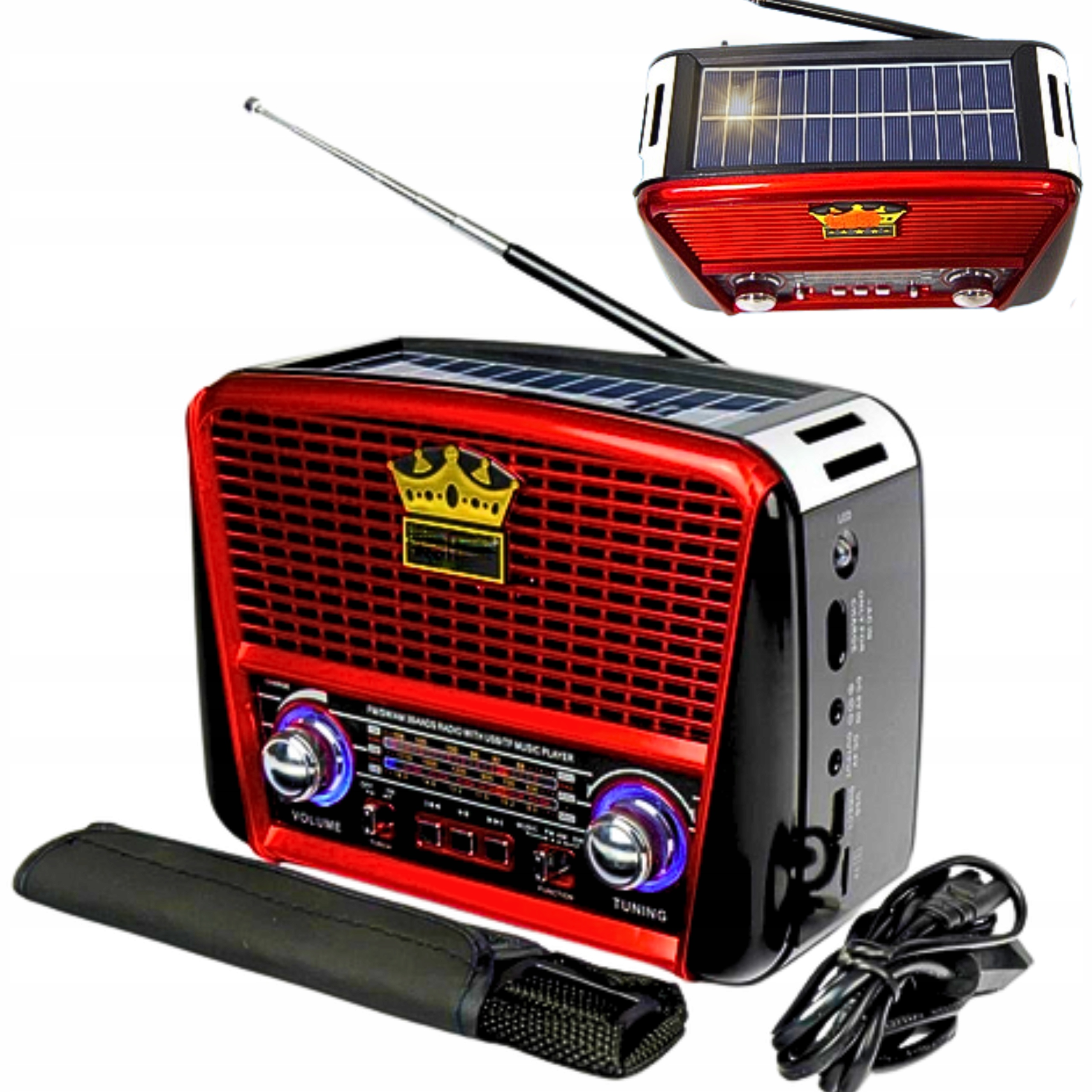 RADIO SOLARNE CZERWONE PRZENOŚNE SOLARNE SIECIOWE BATERYJNE STYLOWE RETRO