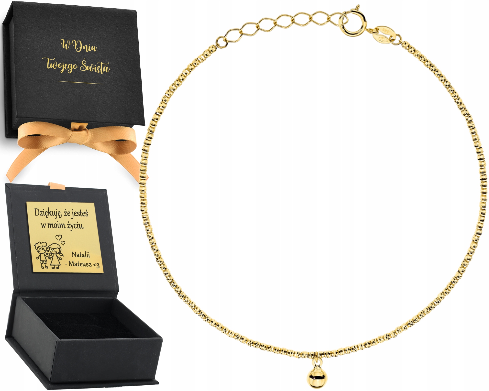 Zlatý náramek složený s diamantovou kuličkou s visící hladkou kuličkou