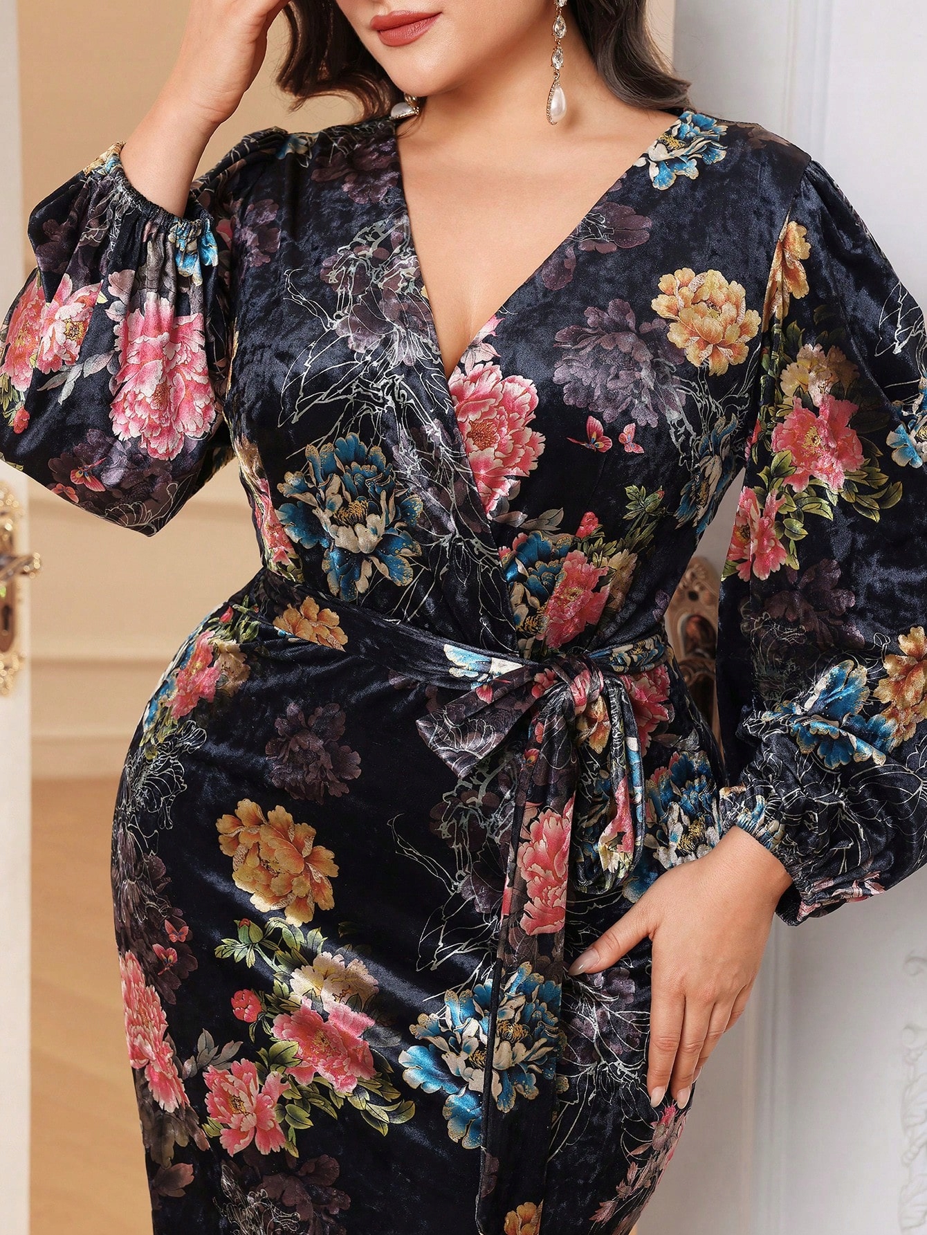 Šaty Maxi Sametové Elegantní S Květinovým Vzorem Shein XXL 44