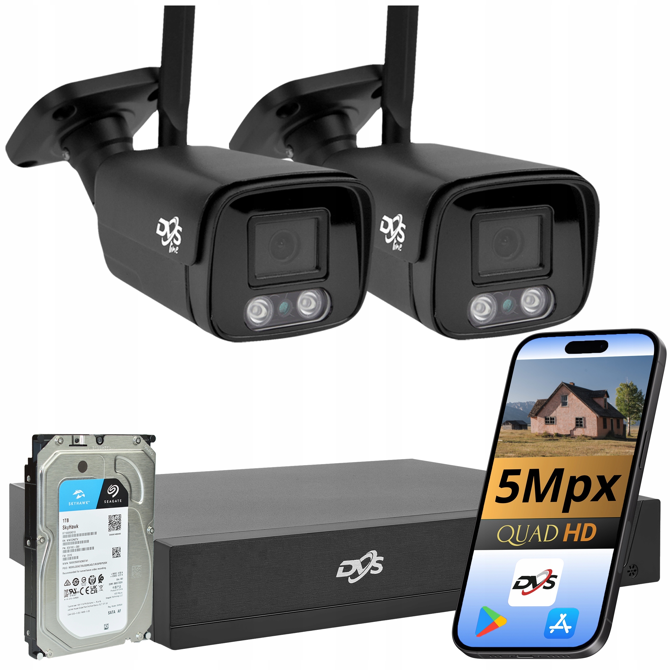 Sada 2 Kamer Pro Monitorování Domácnosti Bezdrátové Wifi 5Mpx Dvs Tuba Disk 1TB