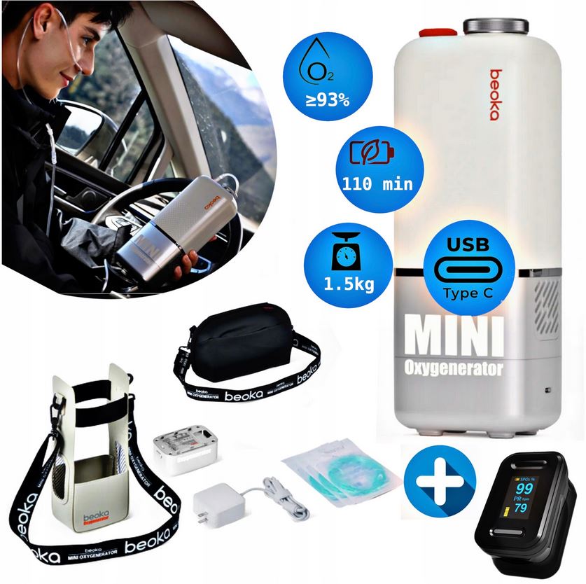 Przenośny Koncentrator Tlenu 93% Domowa Terapia Wydajny Lekki 1,5 Kg Beoka