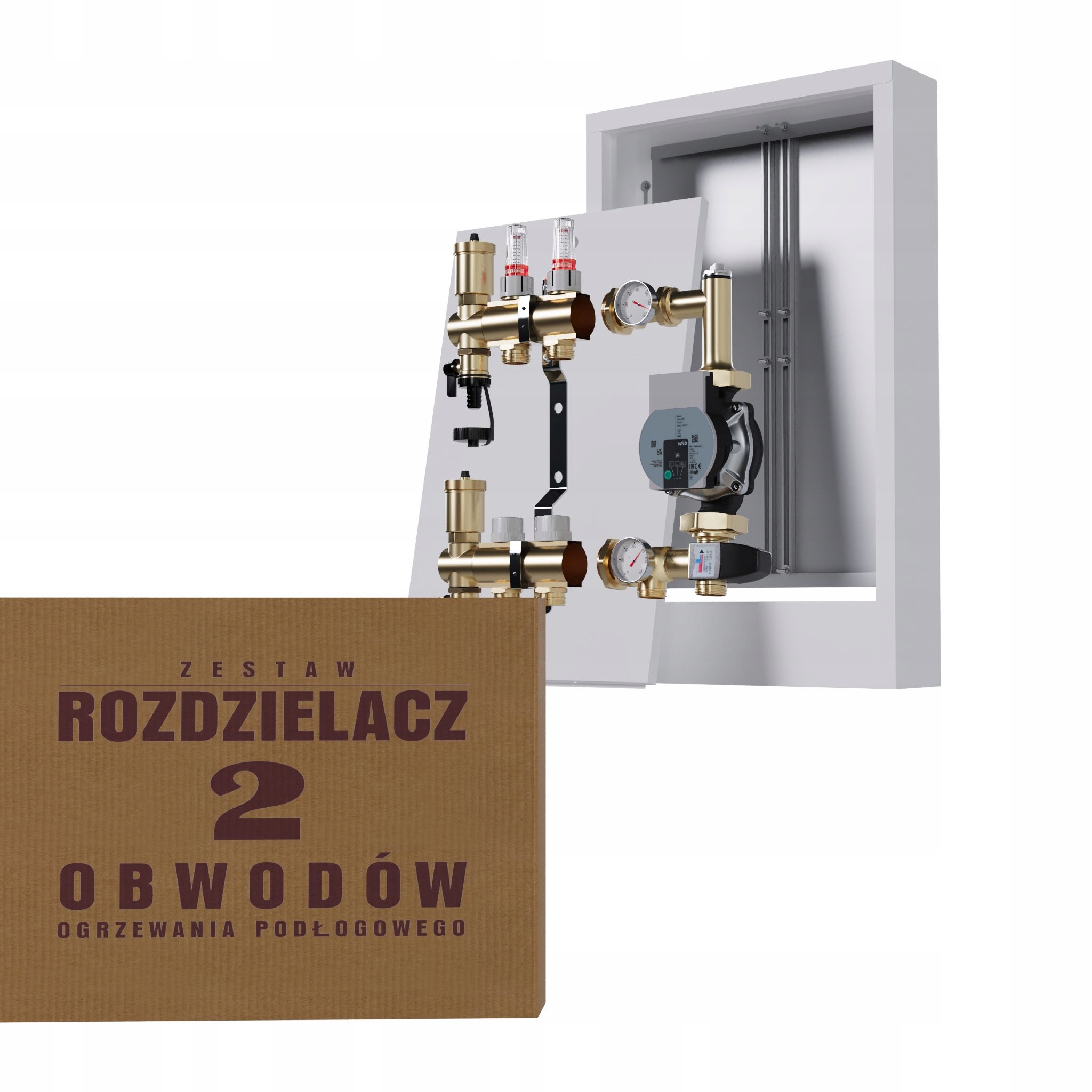Rozdělovač pro podlahovku 2 okruhy s čerpací skupinou Wilo nástěnná skříňka