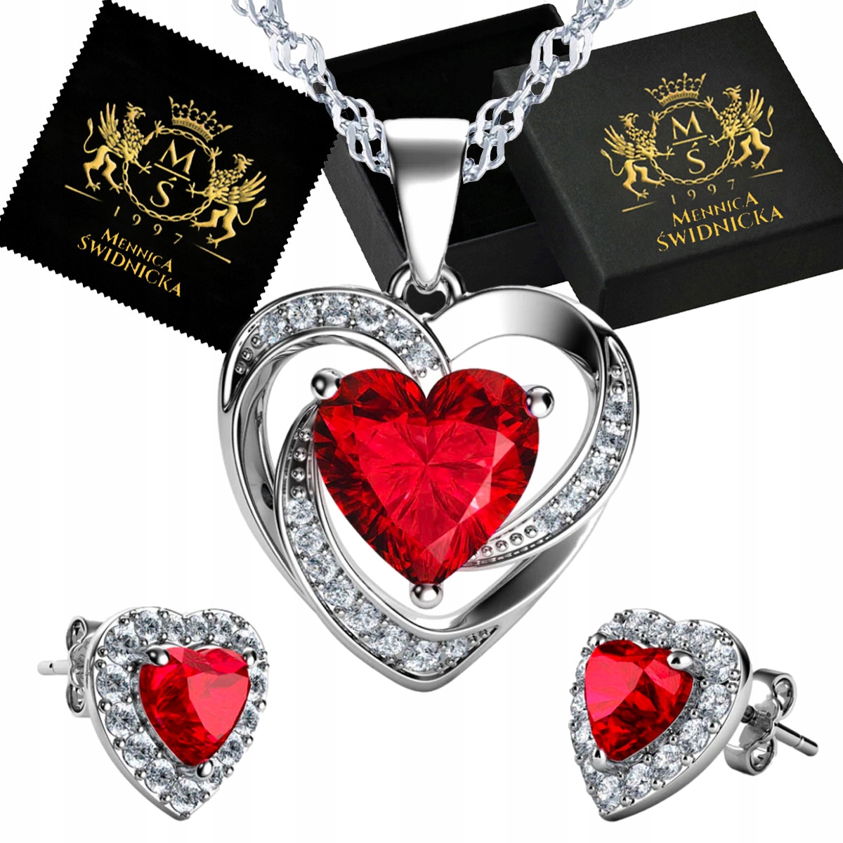 Stříbrná Sada Šperků Stříbro 925 Náhrdelník a Náušnice Srdce s Gravírování