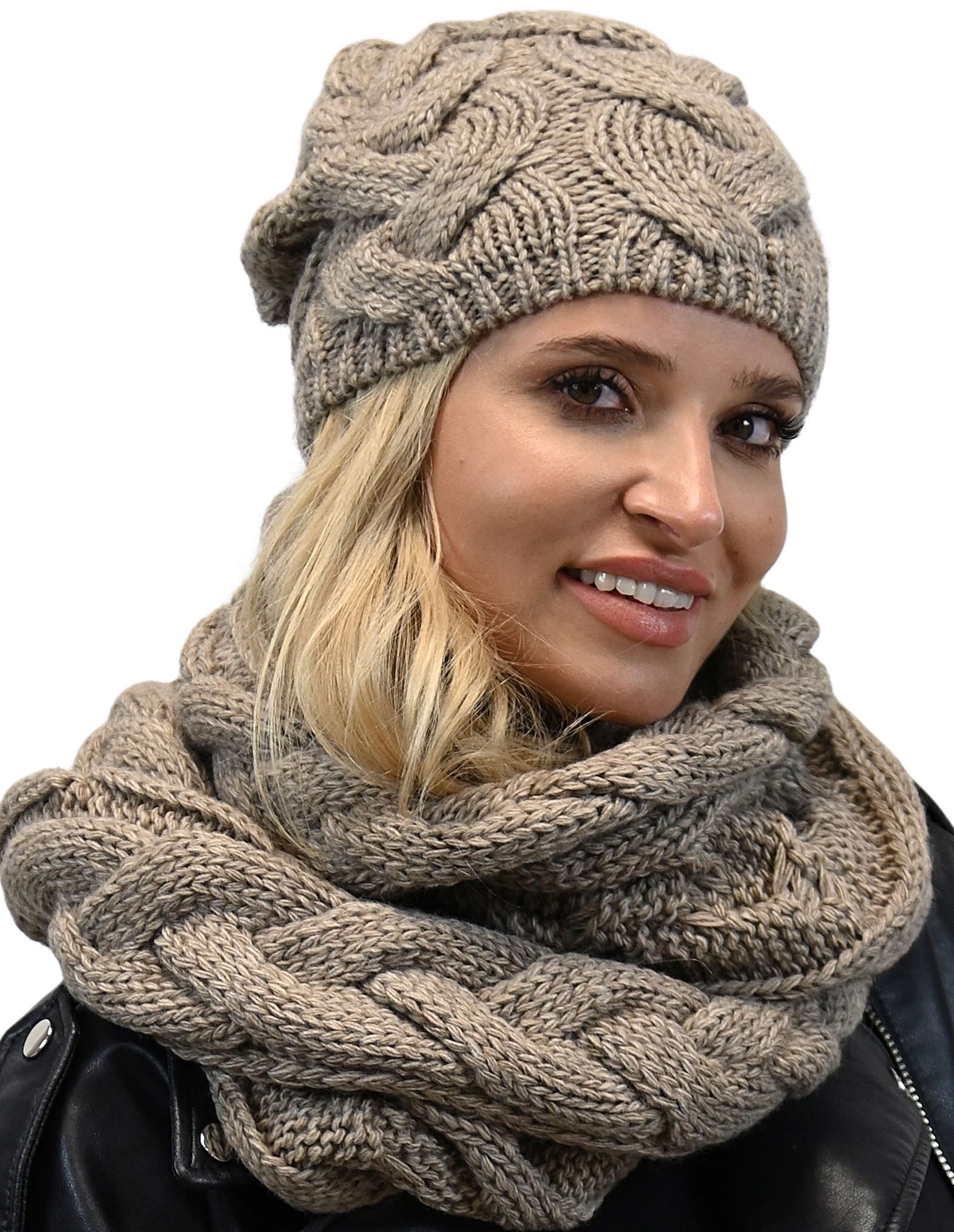 

Gruby zimowy Komplet Czapka Komin Latte K9