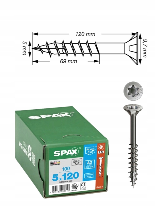 Univerzální vrut do dřeva spax 5 x 120 A2 Txtg 100 ks