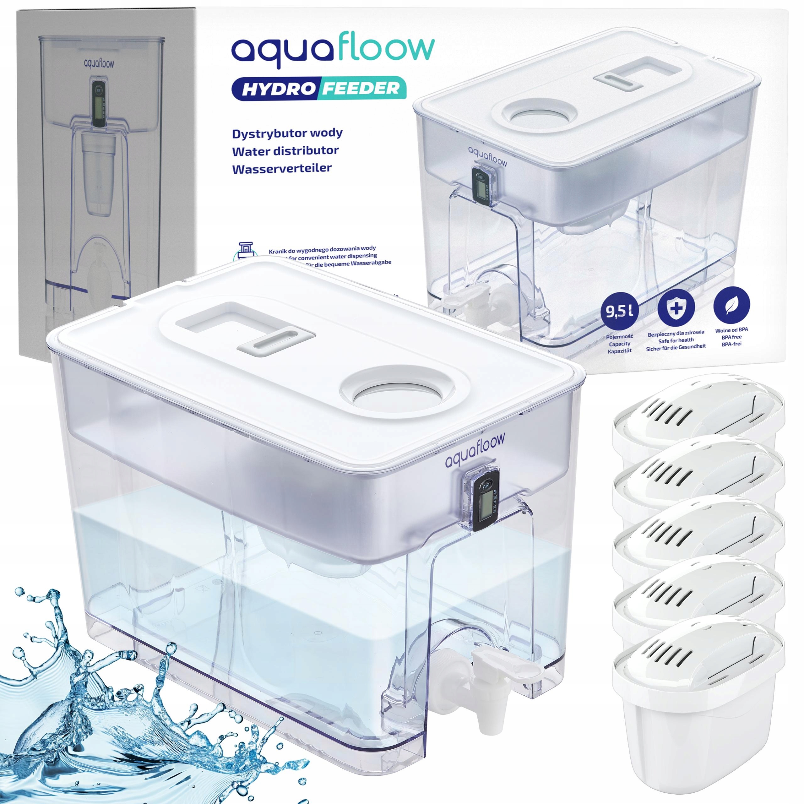 AquaFloow 9,5 l XL: filtrační konvice vody 5x Maxi náplň dávkovač vody