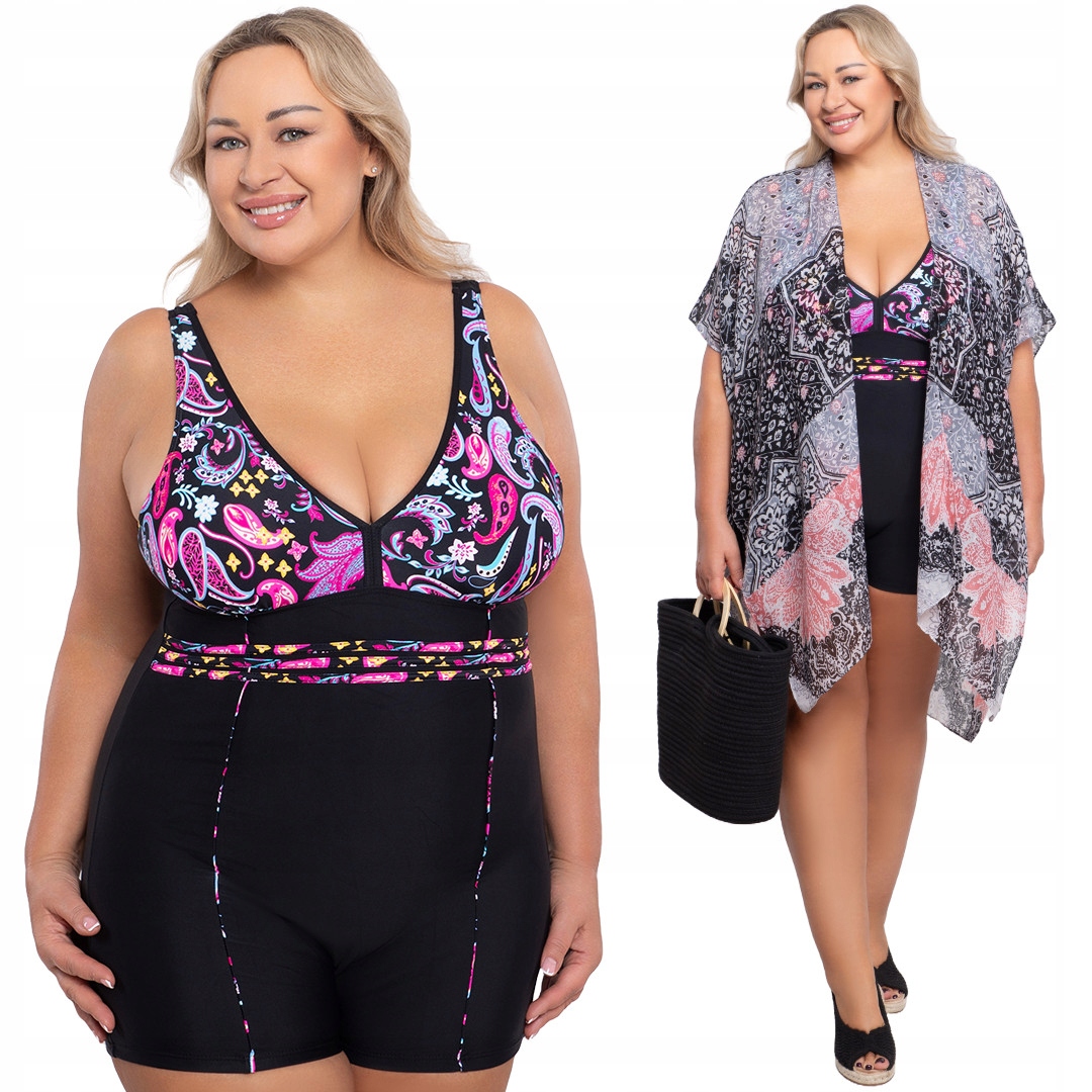 Jednodílné černé plavky s růžovými vzory plus size velikost 52
