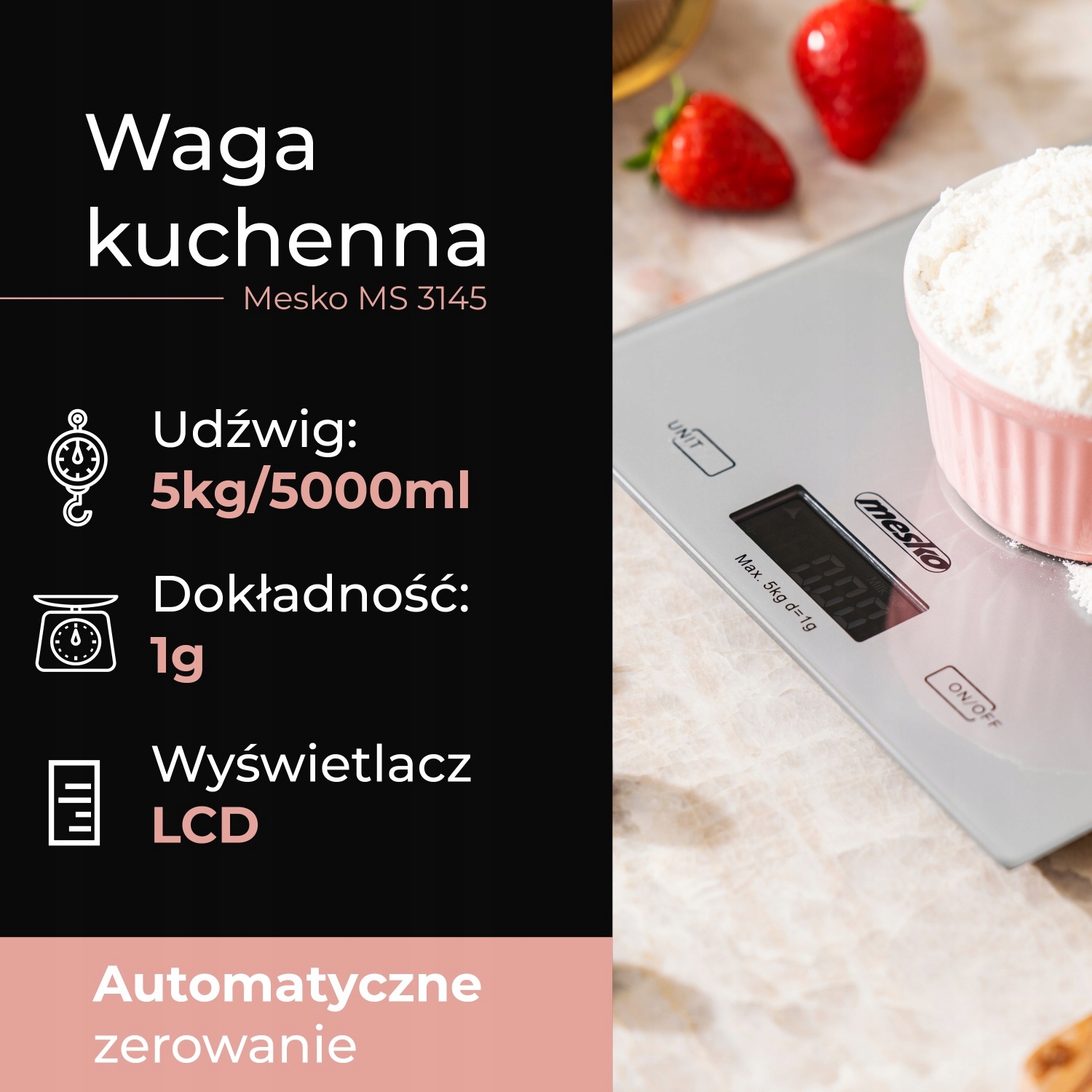 Waga Kuchenna MS 3145 5kg/1g Wyświetlacz LCD Szklana Platforma