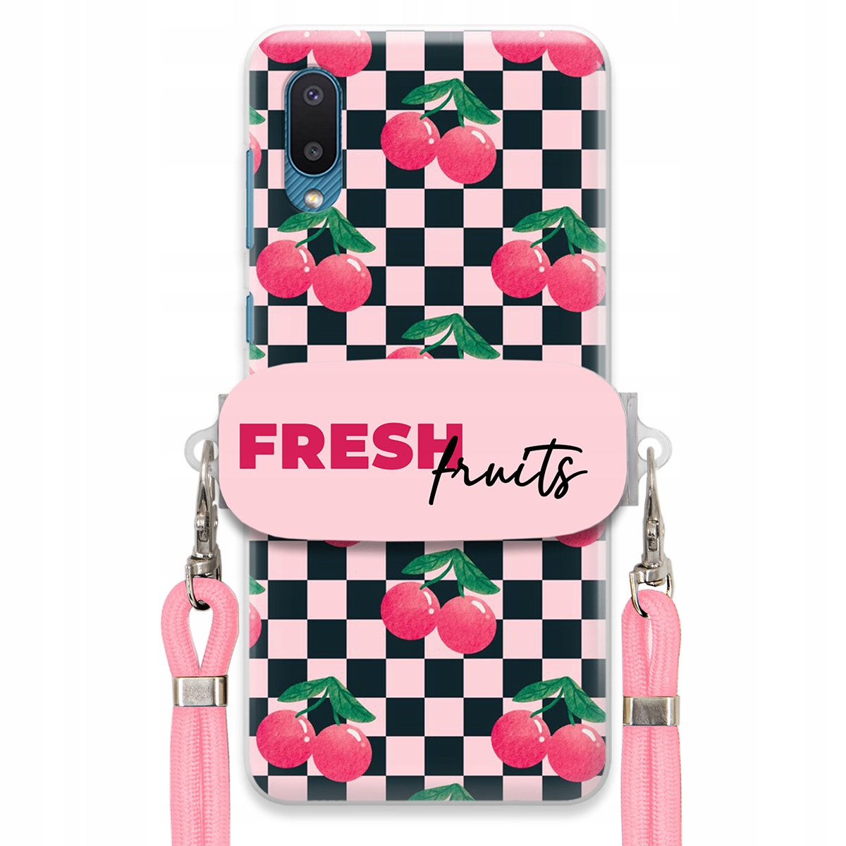 Puzdro pre Samsung A02 Vodítko Pink Crossbody Držiak Šachovnica Fresh Fruits