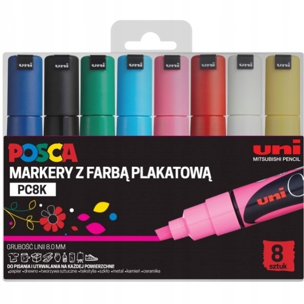 Sada Popisovač PC-8K Tužka S Plakátovou Barvou 8MM 8 Barev Posca Uni