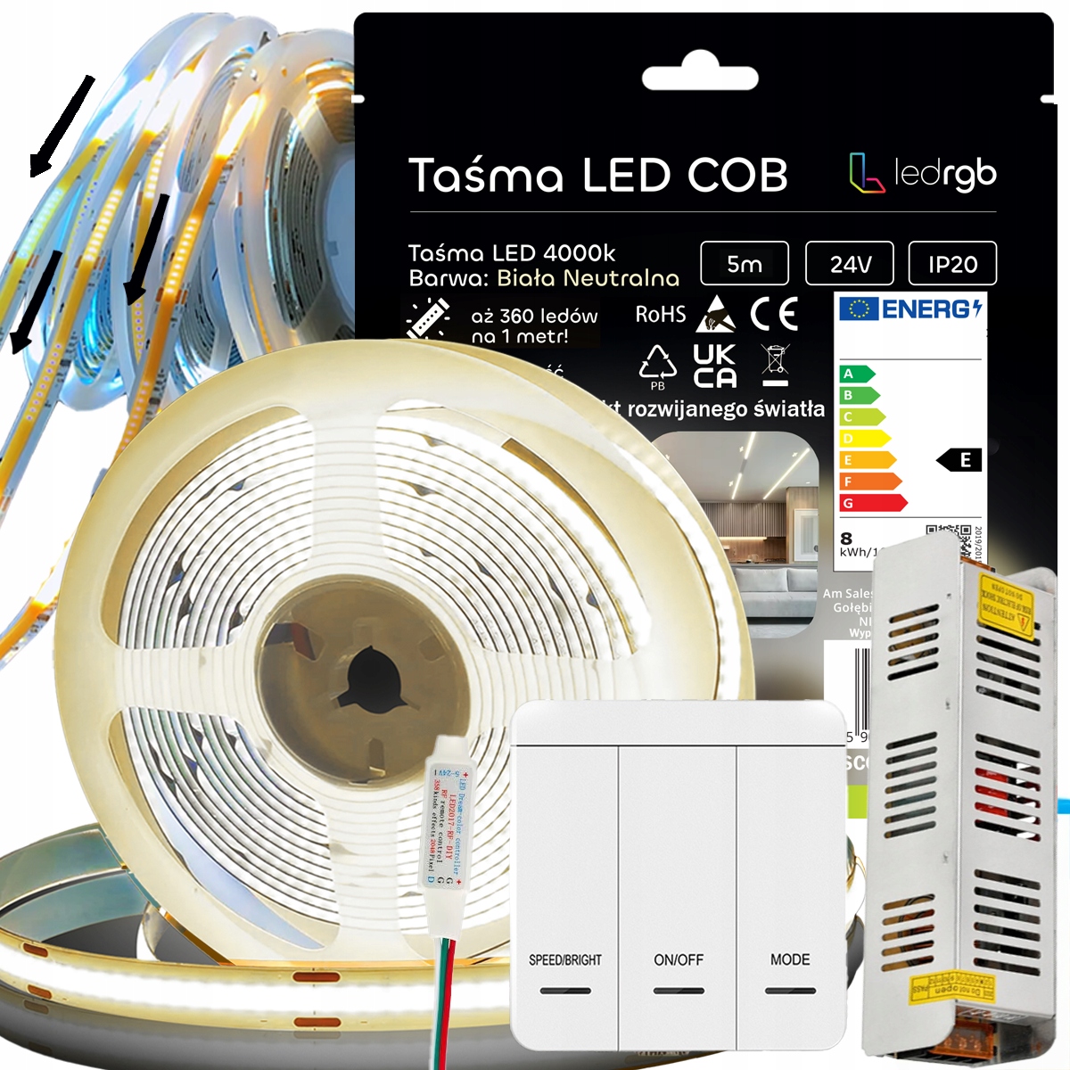 Set Led Pásek Cob 5m 24V Bílý Neutrální 4000K Digitální Tekutý Spínač