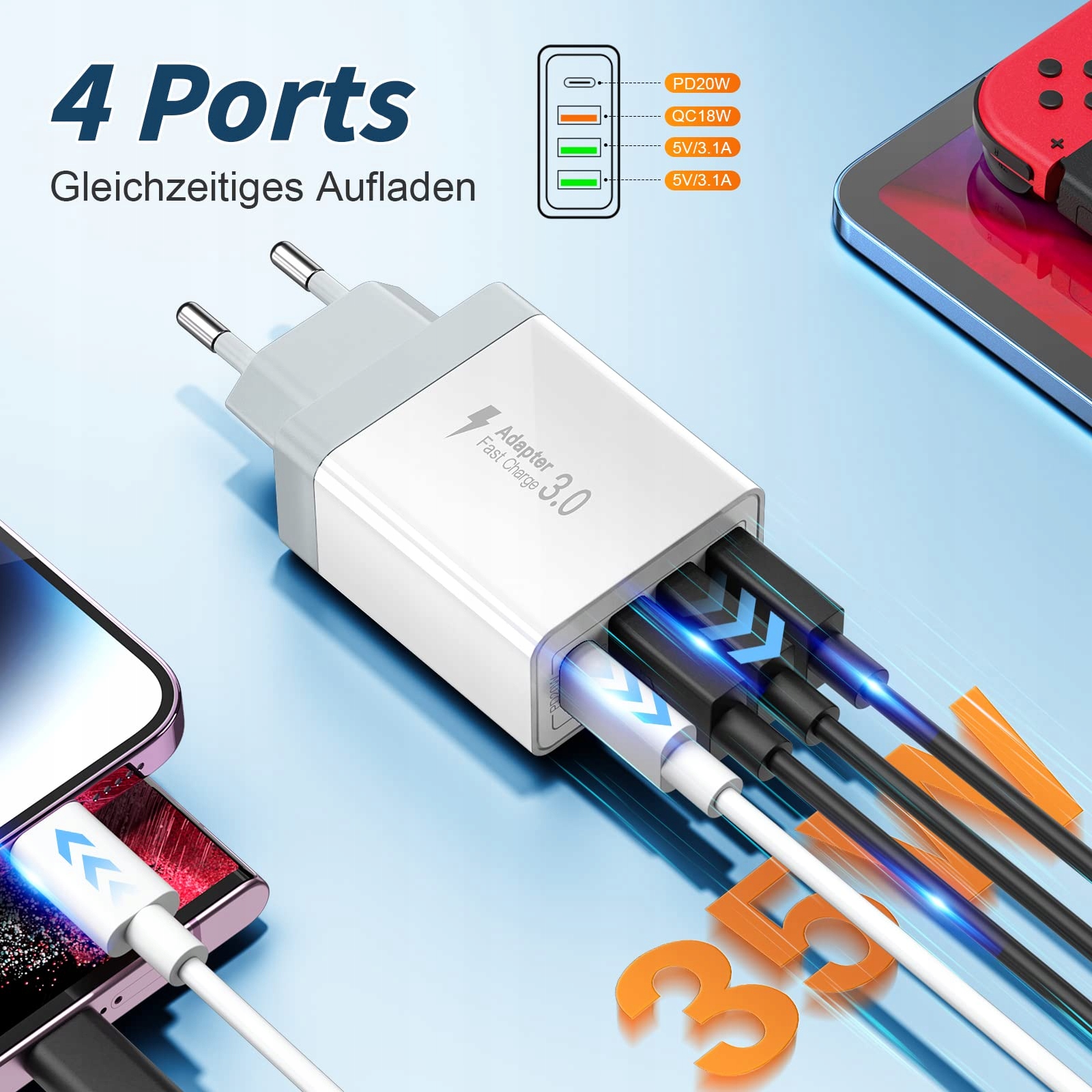 ACEZEEK Szybka Ładowarka USB C 35W 4 Porty Kompatybilna z iPhone Android — miniatura 2