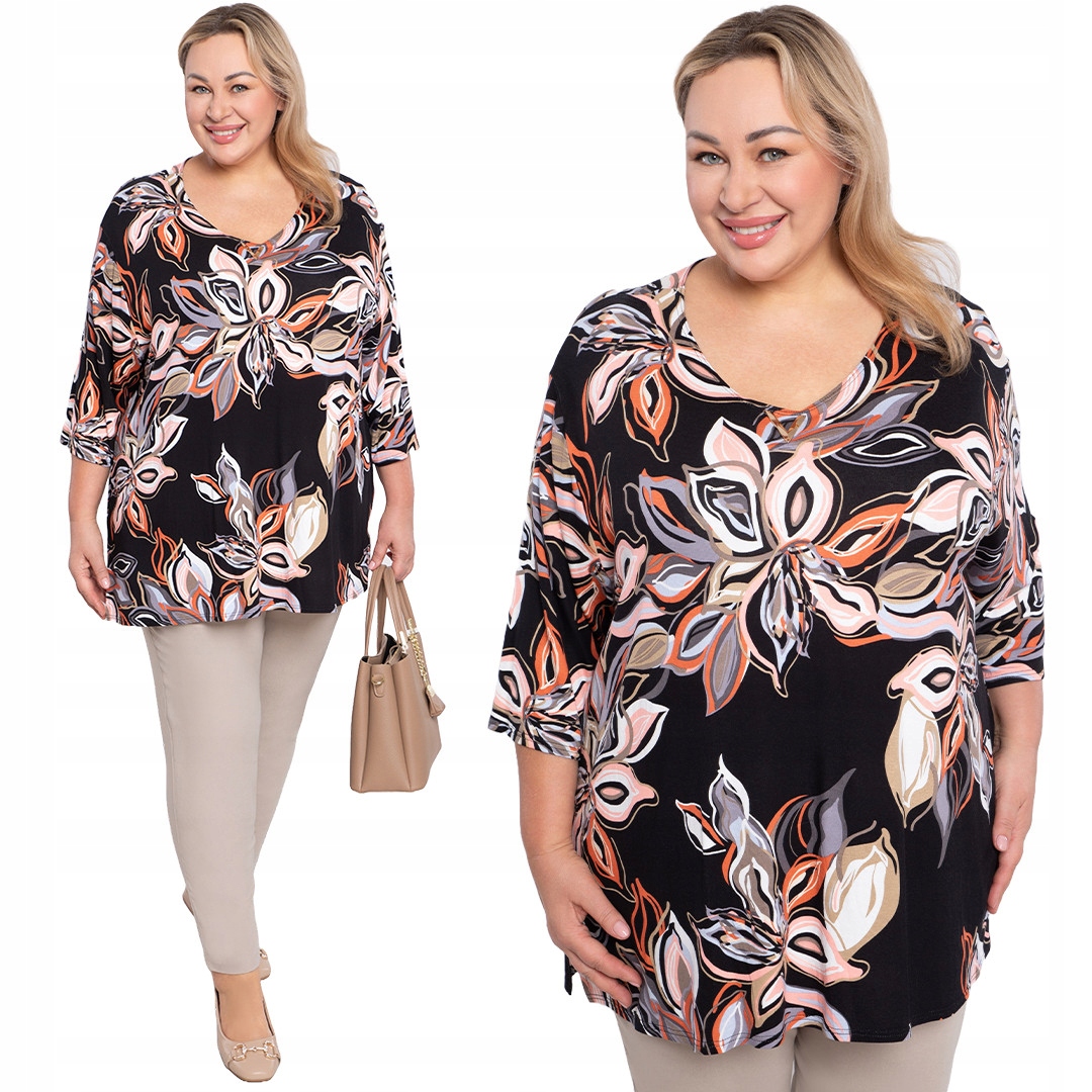 Bluzka z zawieszką pomarańczowe kwiaty plus size rozmiar 52/54