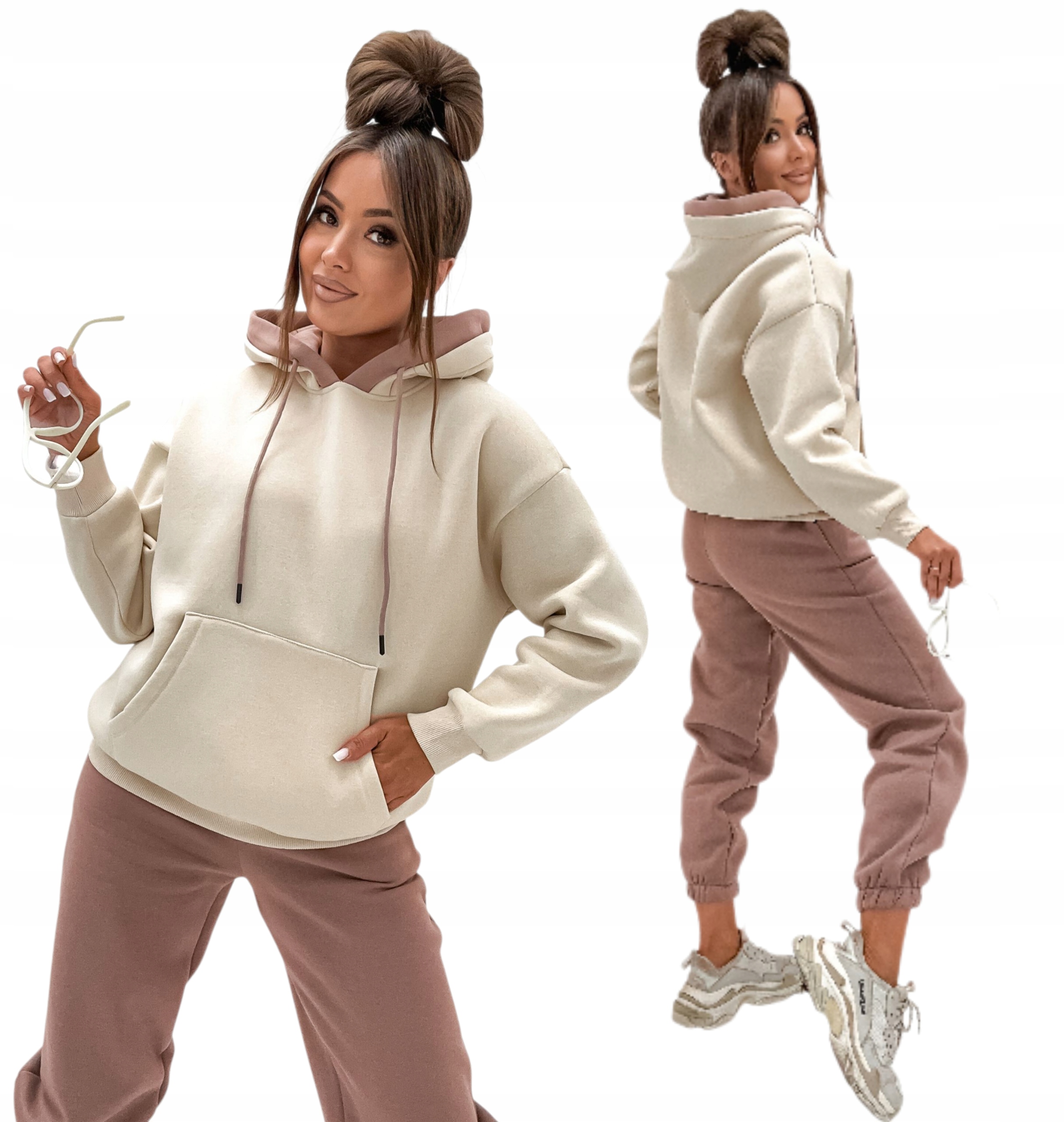 Dámský Zateplený Teplákovka S Kapucí Módní Bavlněný Komplet L/XL Cappuccino