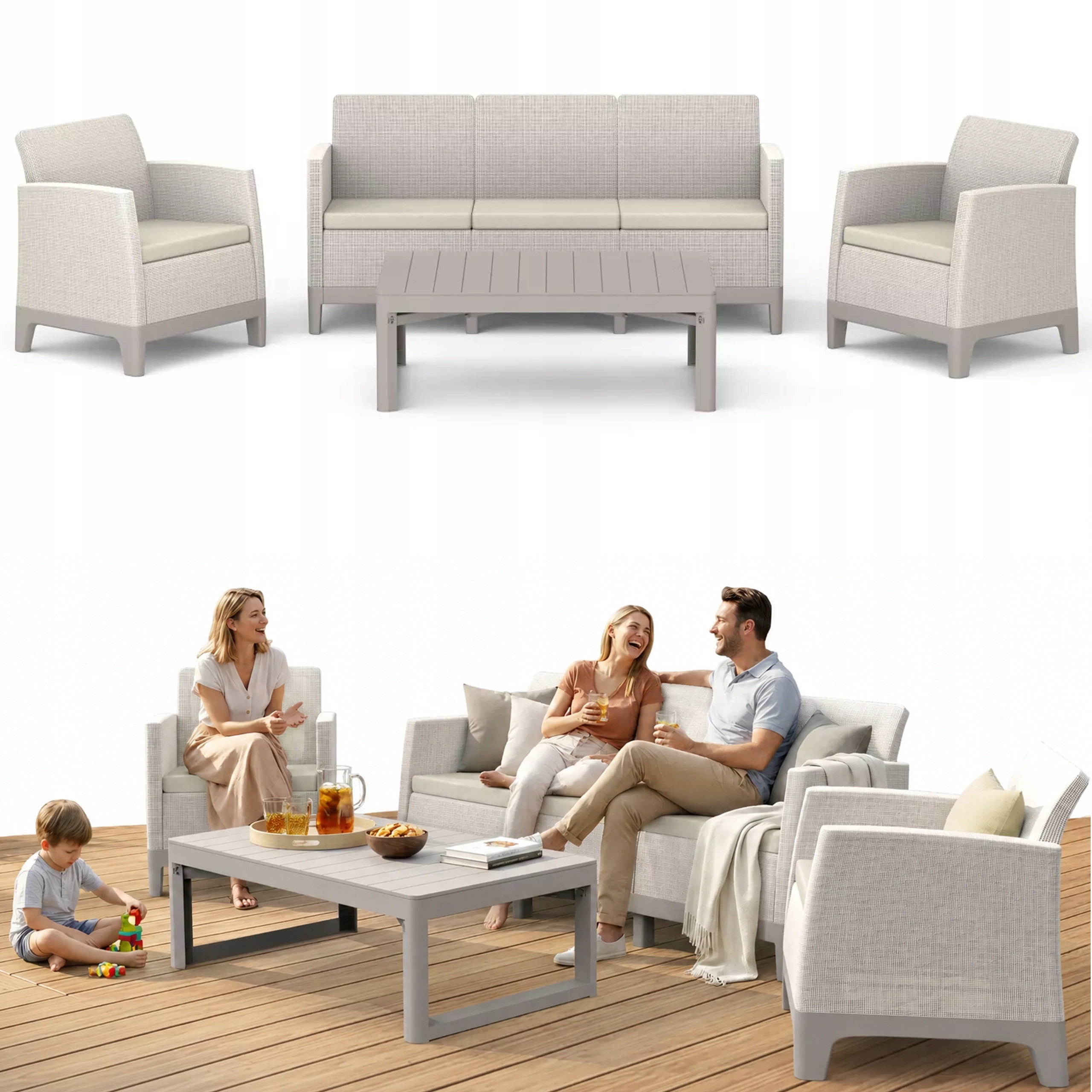Zestaw Mebli Ogrodowych Keter Scandi Solidna Sofa Stół Lyon 2xFotel beżowy