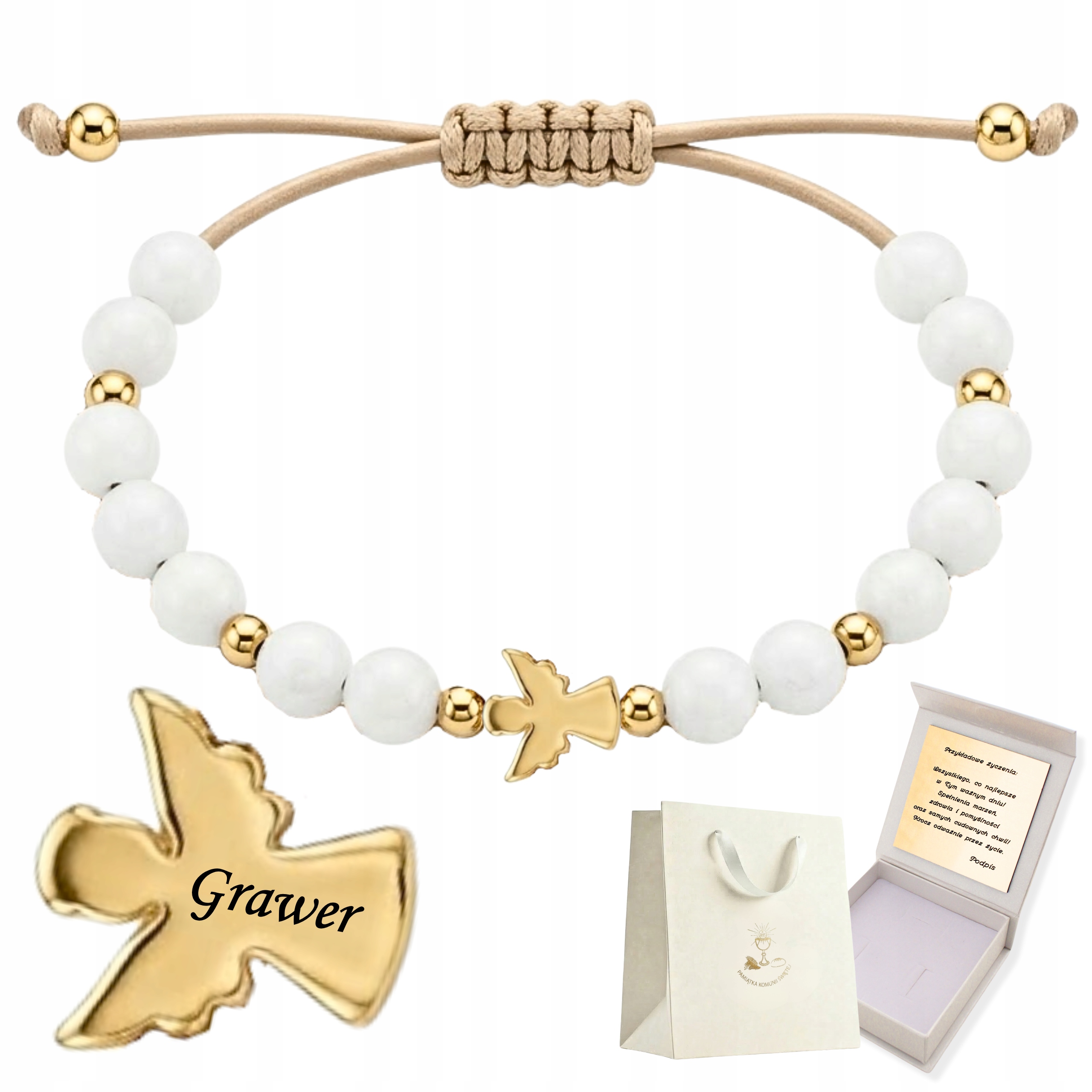 Zlatý náramek na svaté přijímání pro holčičku Anděl na provázku Gravírování