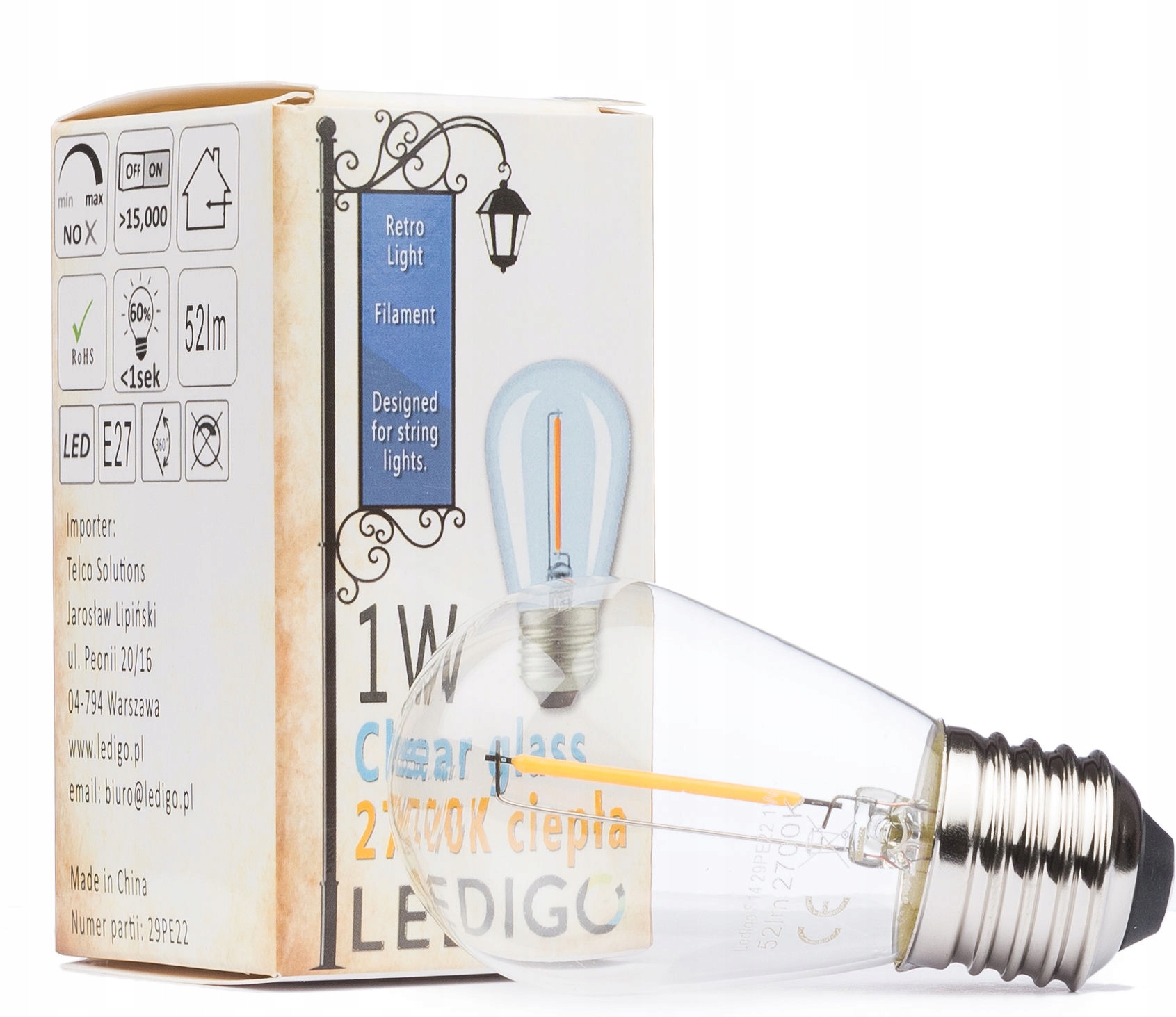 

Żarówka Led E27 S14 1W retro girlandowa ciepła