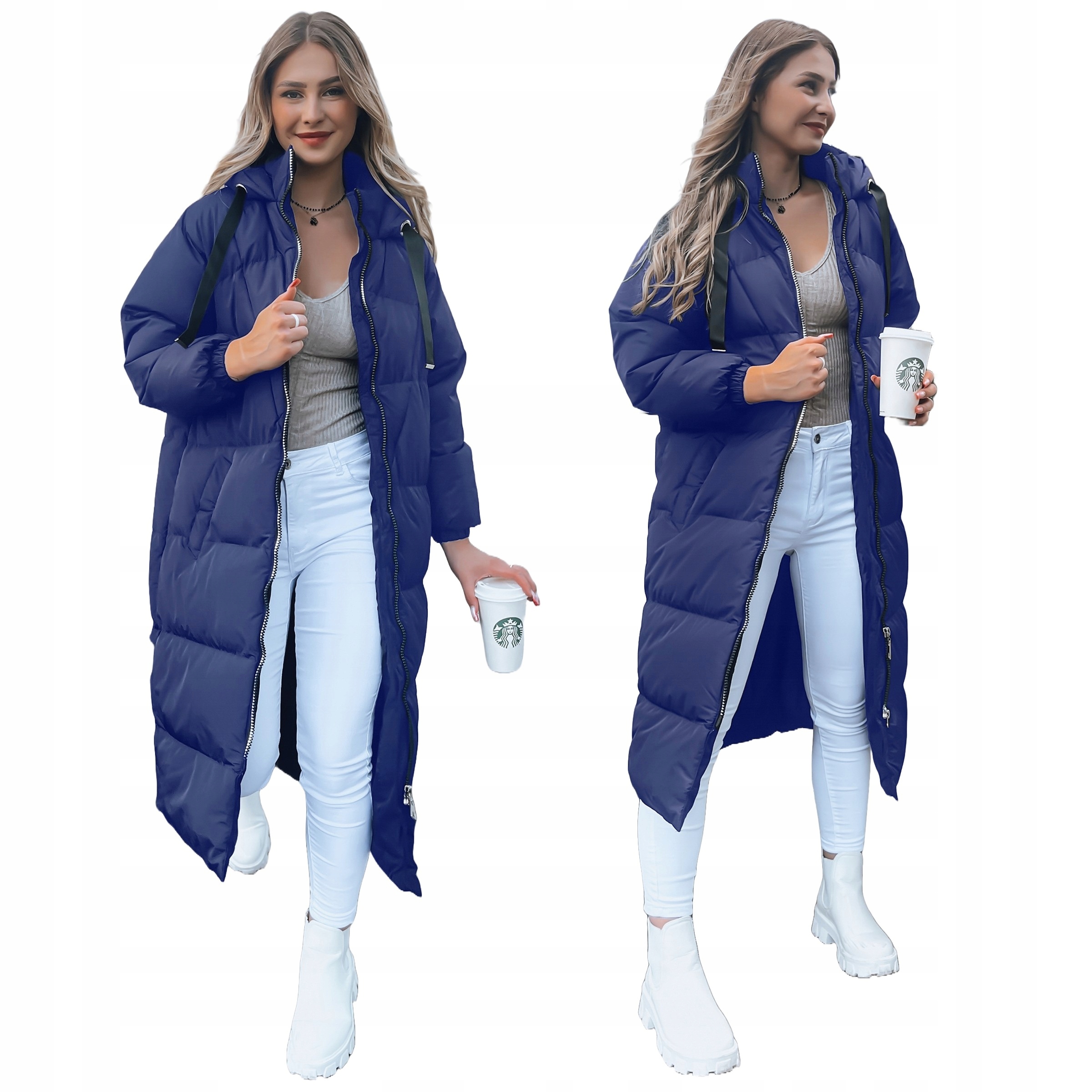 Długa Zimowa Kurtka Damska Pikowana Z Kapturem roz. XL