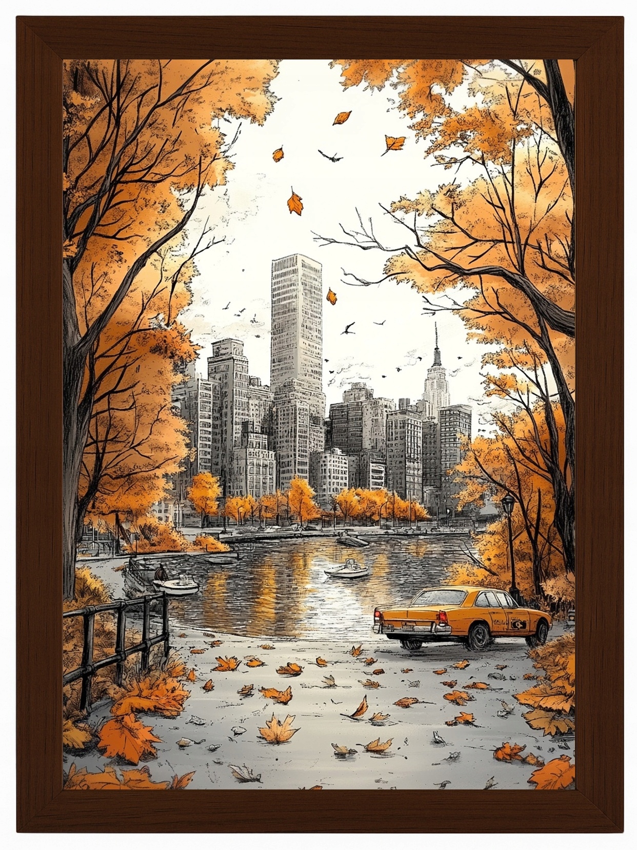 Plakát Rámeček Dřevo New York Manhattan Central Park Taxi Podzim 70x100