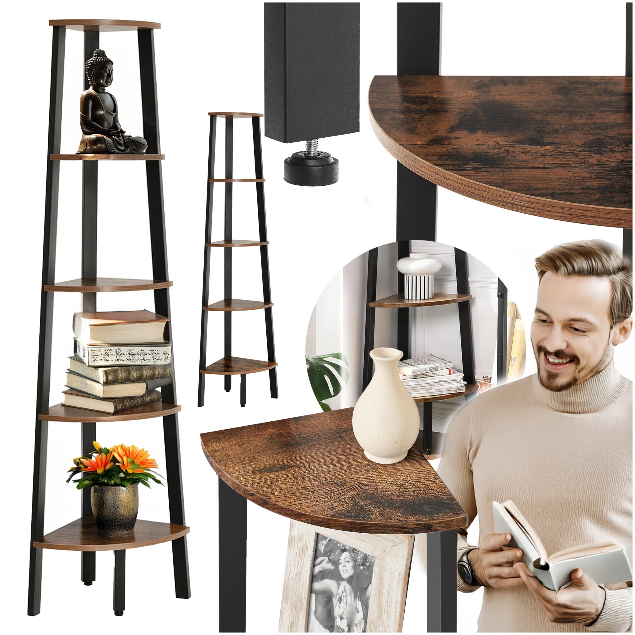 Rohová drevená Regál na drobnosti, knihy, kvety. Vysoký stojan s 5 policami